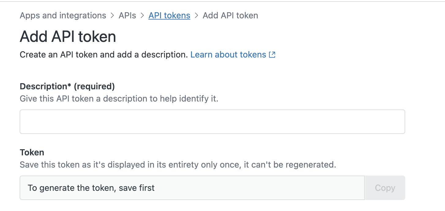 Create API token screen