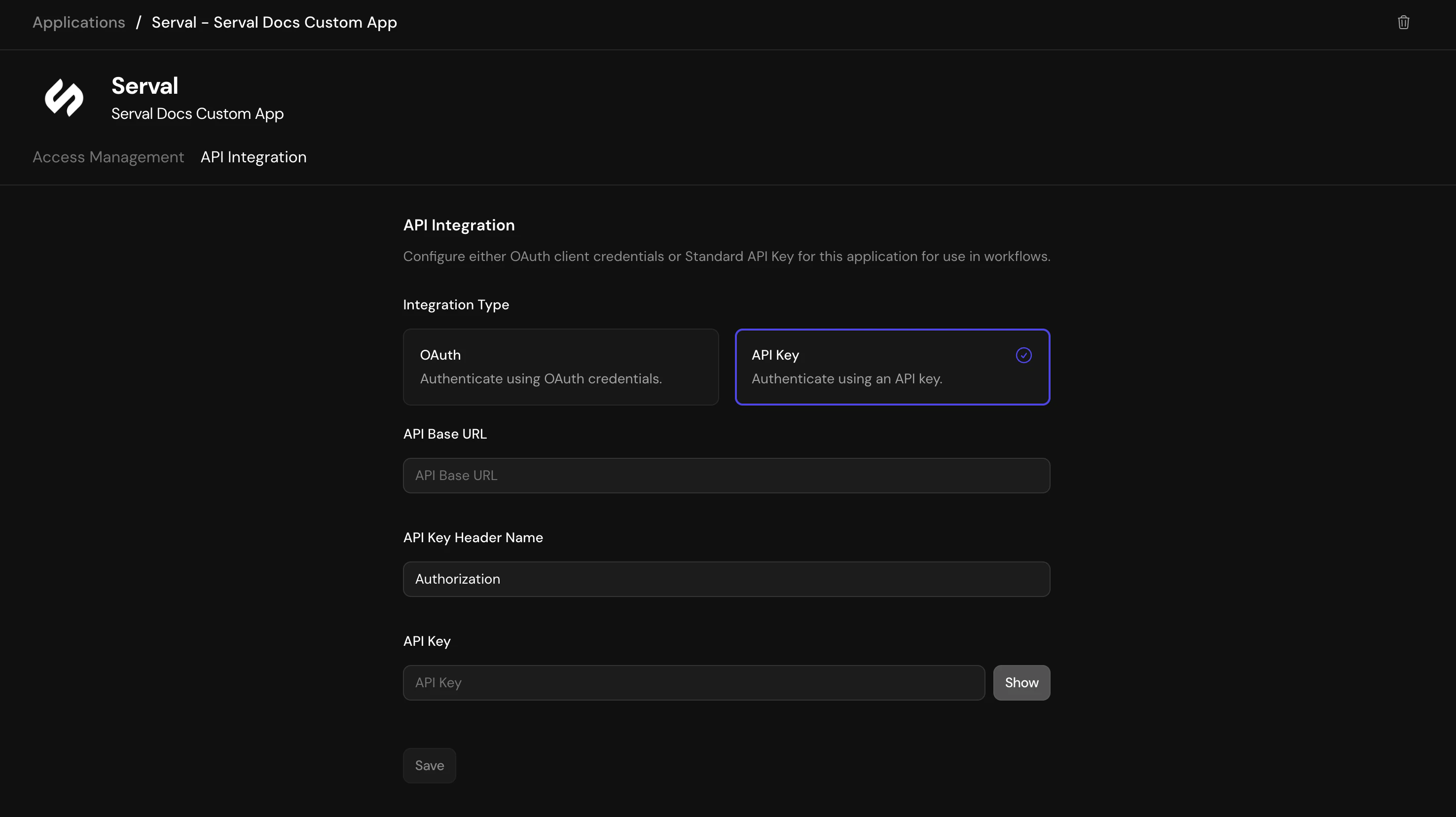 Application API Key authentication setup
