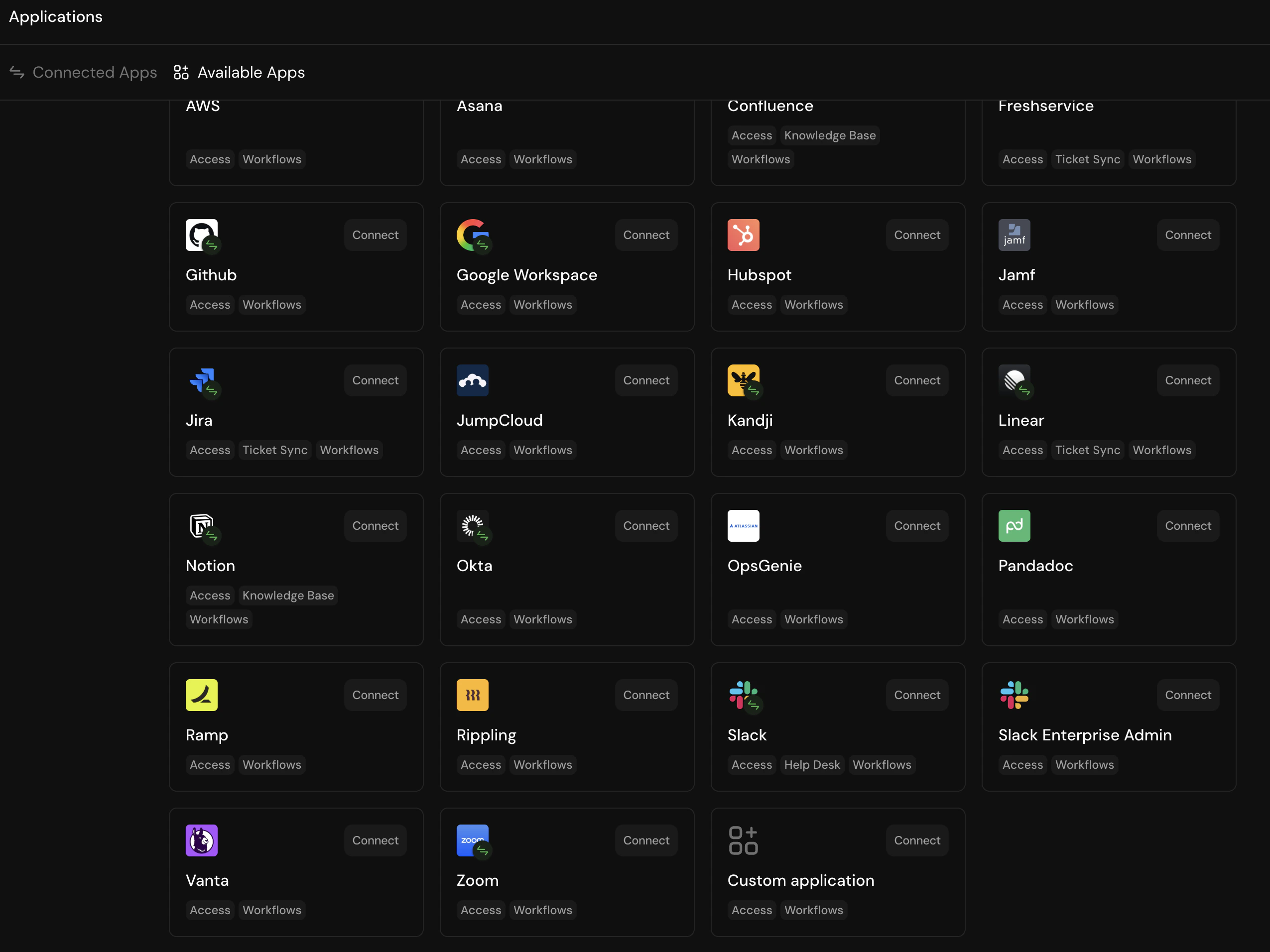 Connect App option in Available Apps