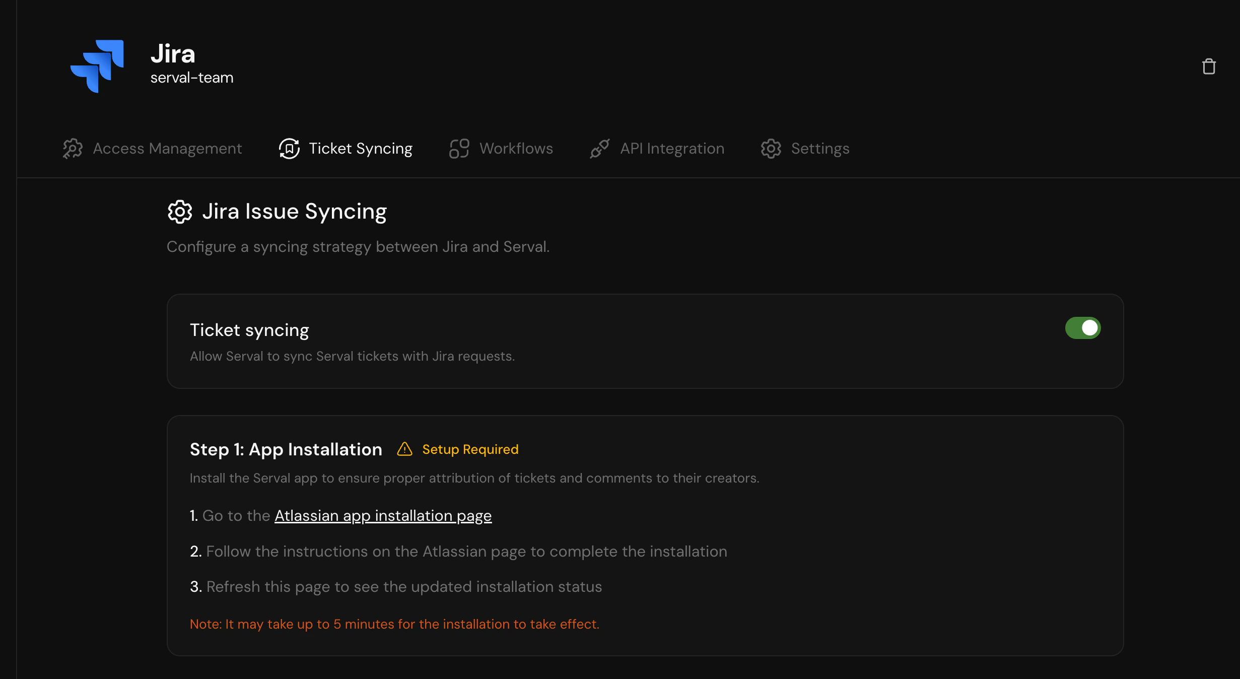 Turn on Ticket Syncing toggle in Serval
