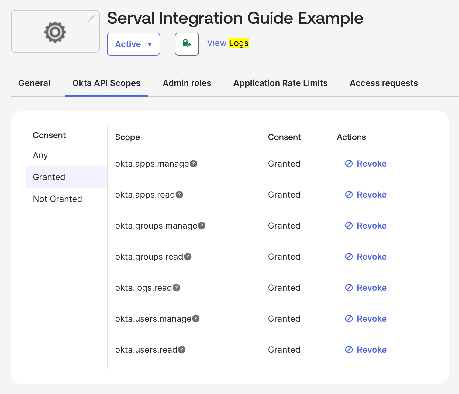 Okta API scopes interface showing read and write scopes