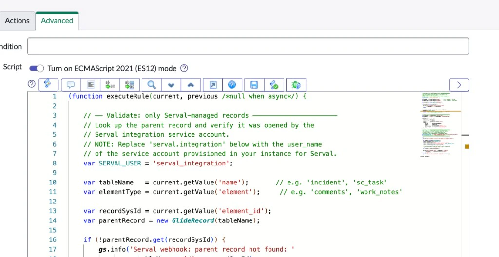ServiceNow Business Rule Advanced tab showing the webhook script in the script editor