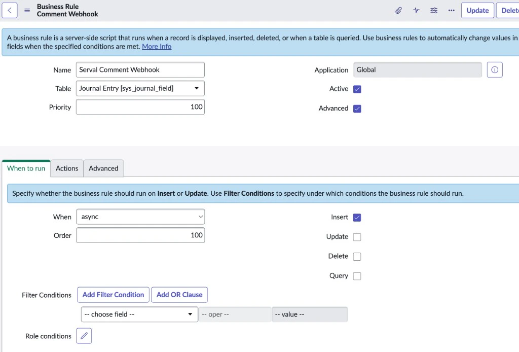 ServiceNow Business Rule configuration showing the When to run tab with async timing, Insert checked, and the sys_journal_field table selected