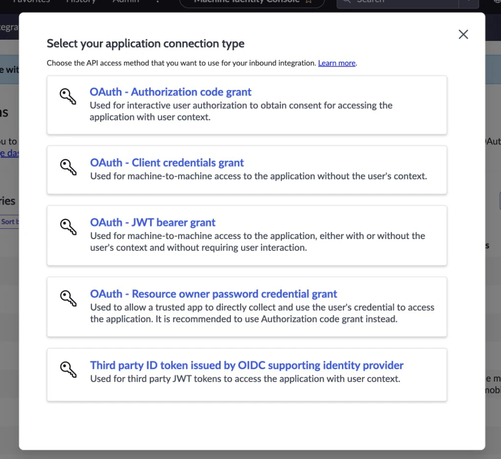 ServiceNow modal Select your application connection type showing five options; OAuth Client credentials grant is highlighted as the choice for Serval