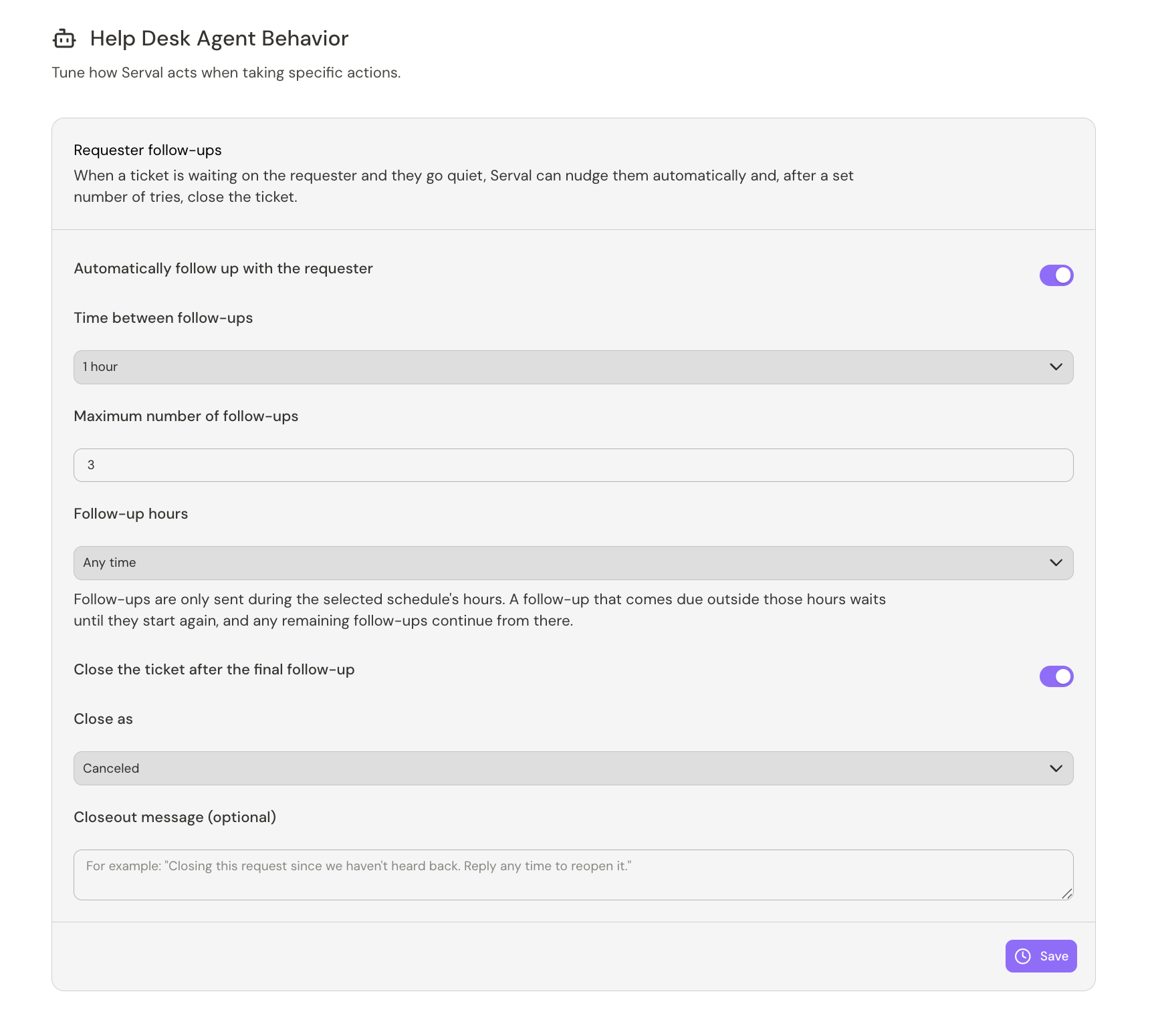 Requester follow-up settings: the automatic follow-up toggle, time between follow-ups, maximum number of follow-ups, follow-up hours, and options to close the ticket after the final follow-up
