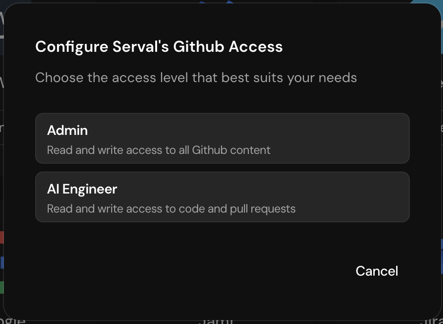 Serval GitHub connection modal with access level options