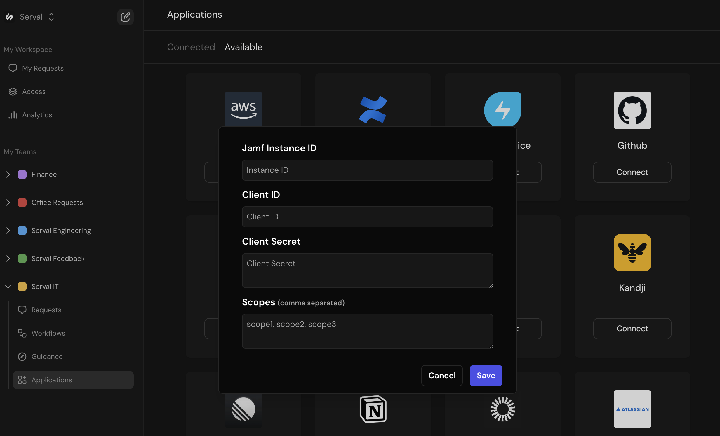 Serval Jamf connection modal