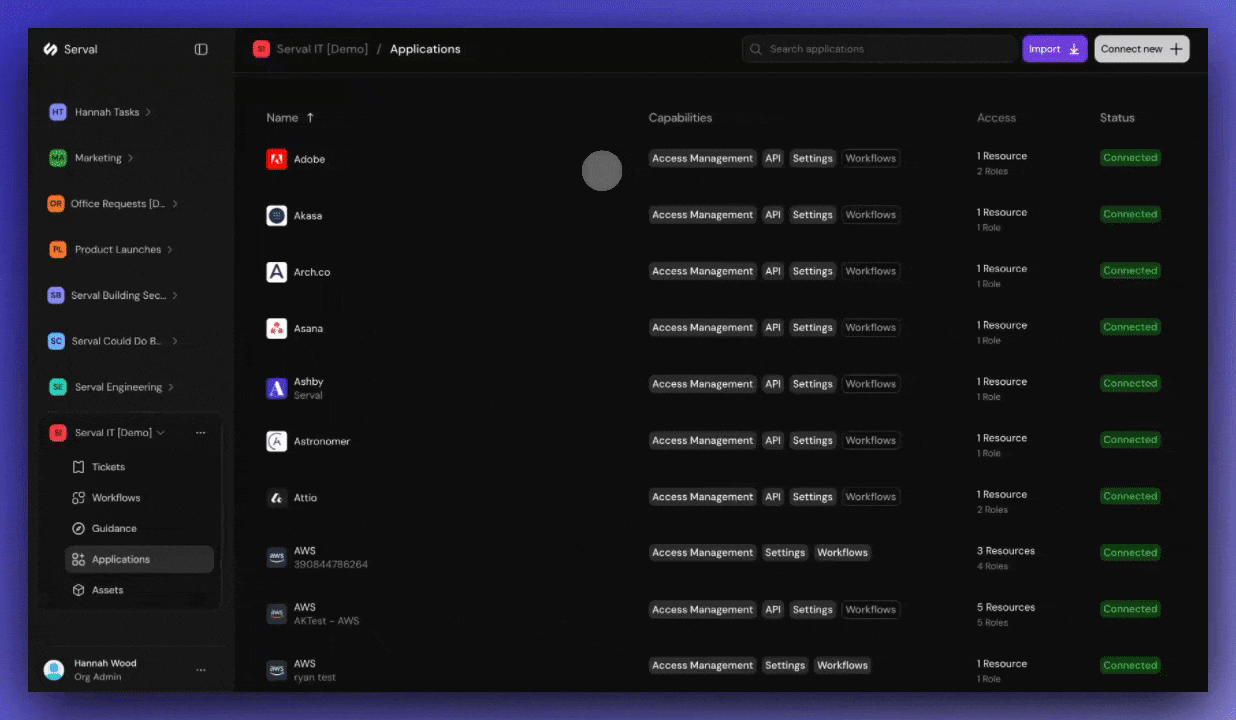 Role-level access logs showing request history with user names, timestamps, and download button