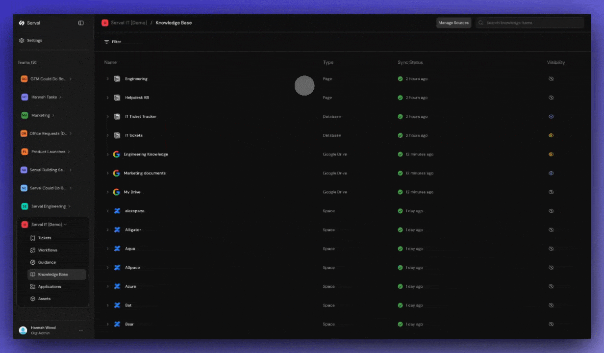 Knowledge base section in Serval sidebar