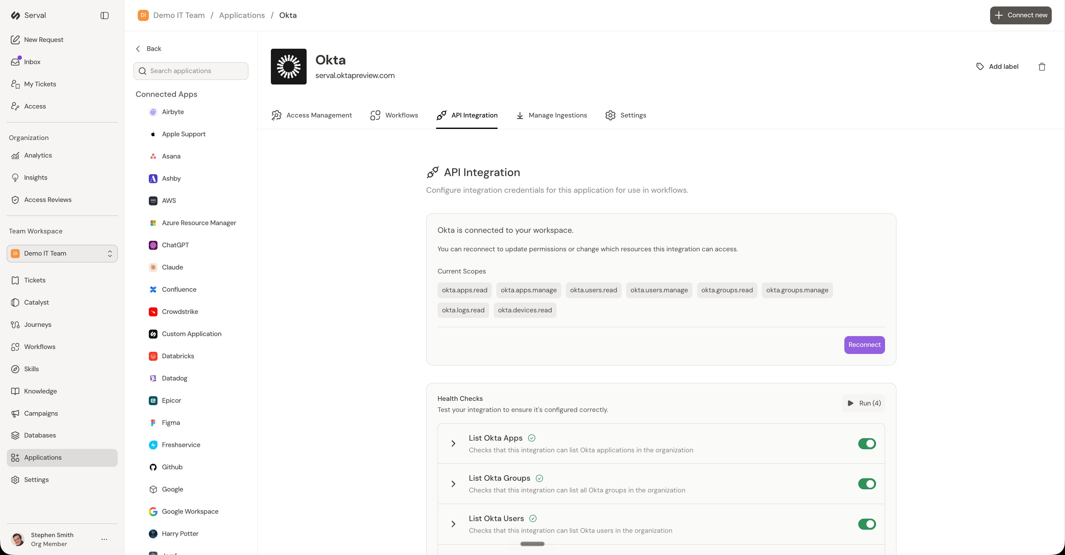 Okta application page in Serval showing the API Integration tab with current OAuth scopes and health checks for listing apps, groups, and users, each with a green status toggle