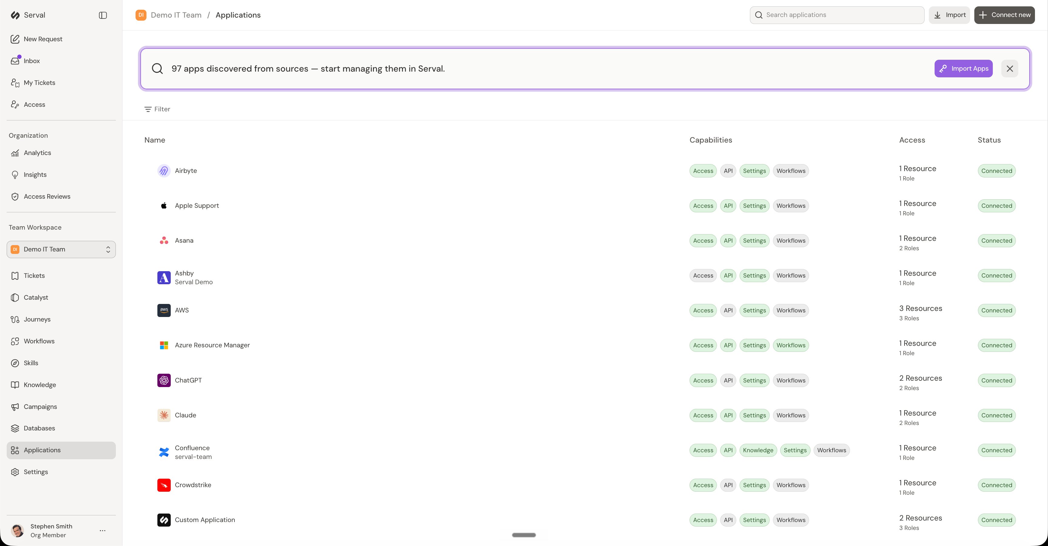 Serval's Integrations page for a team showing connected applications with capability badges, resource counts, and green Connected status indicators