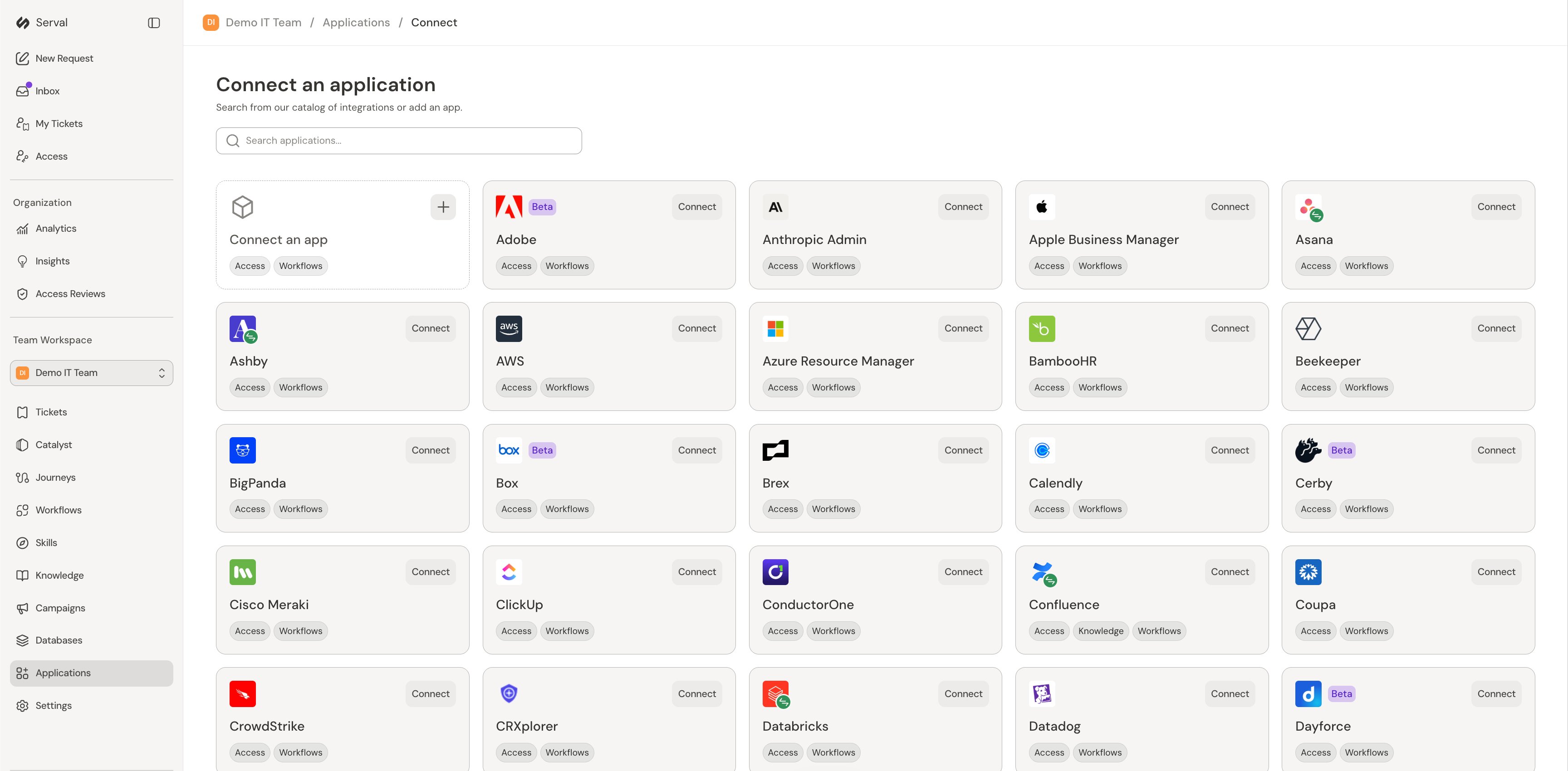 Serval's Connect an application page showing the searchable catalog of integrations including Adobe, AWS, Confluence, Databricks, and more, each with Access and Workflows capability badges