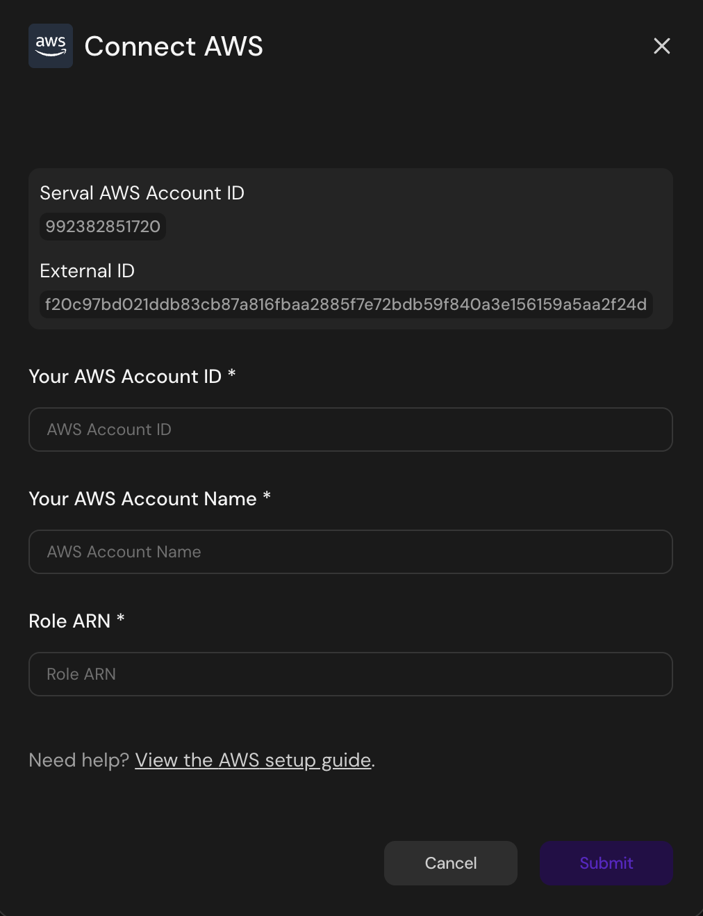 AWS Serval modal showing Account ID and External ID