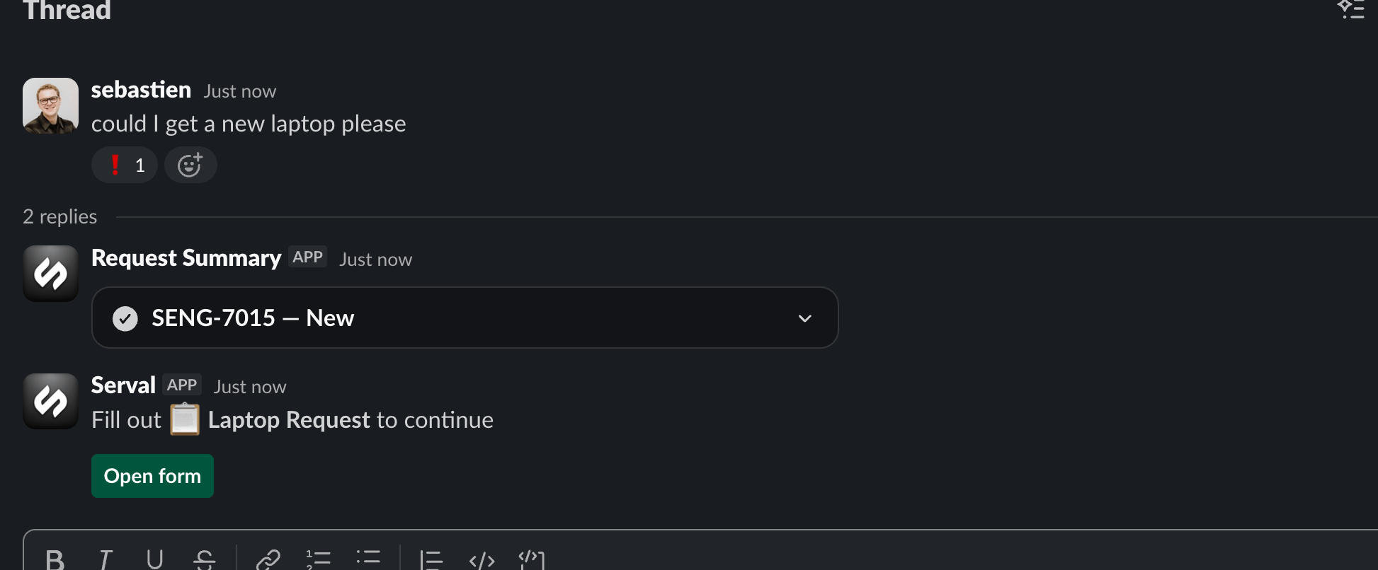 Slack thread where a user asks for a new laptop, a Request Summary shows ticket SENG-7015, and the Serval app replies with Fill out Laptop Request to continue and an Open form button