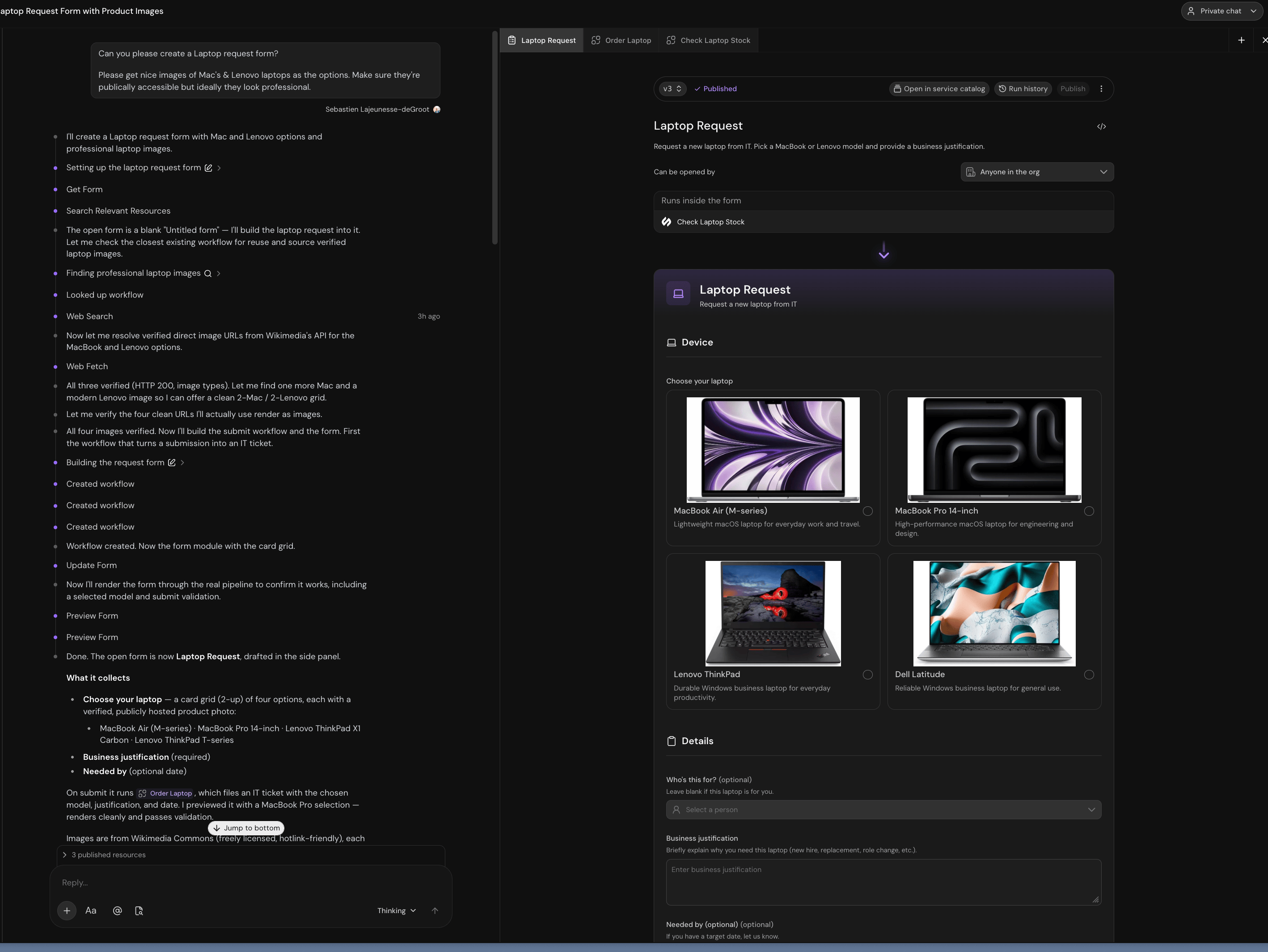 Catalyst chat on the left describing a laptop request form, with the form workspace on the right showing version v3 Published, the Check Laptop Stock workflow that runs inside the form, and a live preview of the laptop card grid
