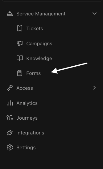 Serval left sidebar with Service Management expanded and an arrow pointing at the Forms entry