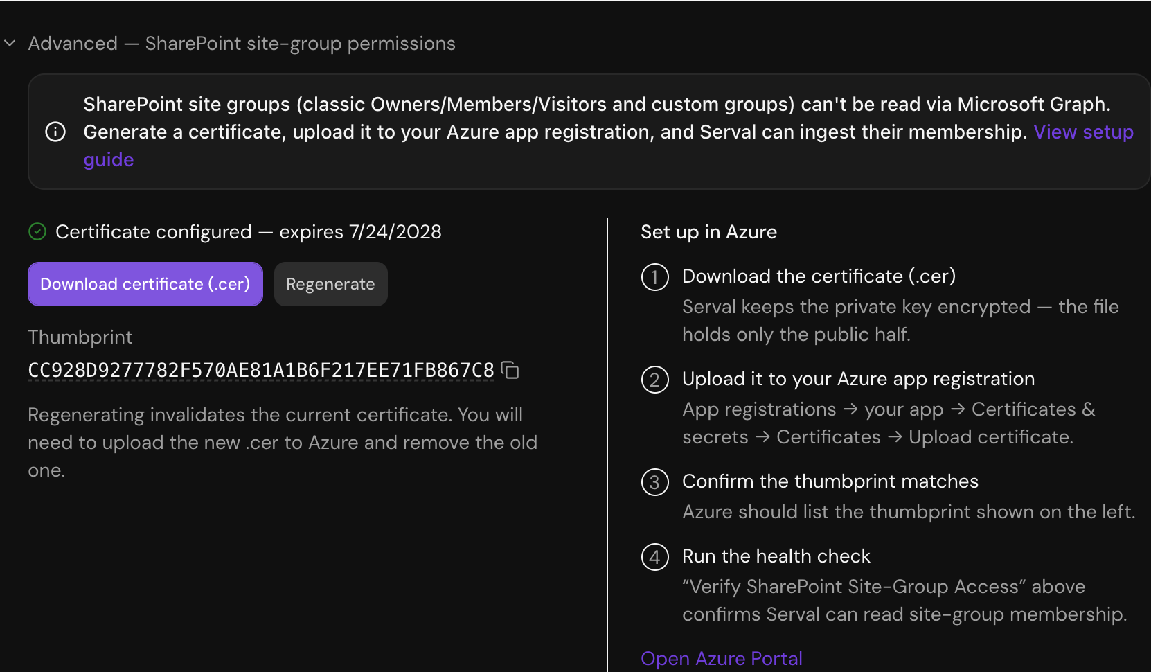 Serval's SharePoint site-group permissions section showing a configured certificate with its expiry date, Download certificate and Regenerate buttons, the certificate thumbprint, and the numbered Set up in Azure steps