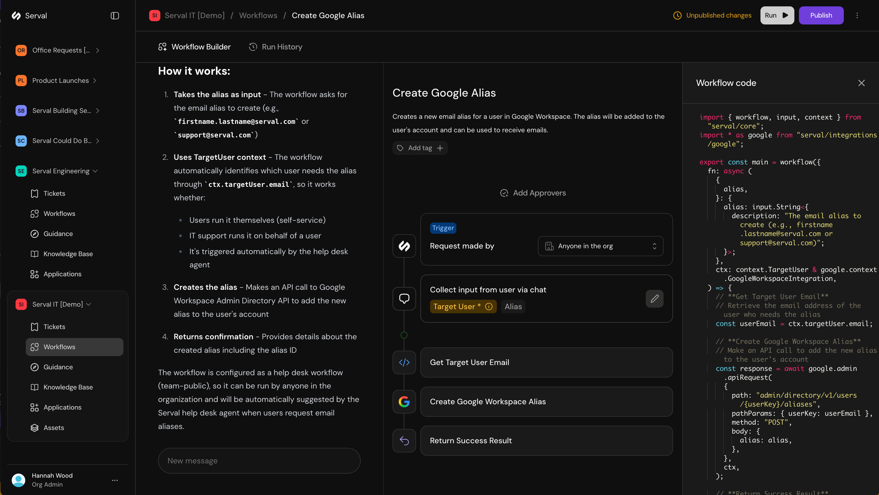 Workflow builder showing generated code and visual diagram