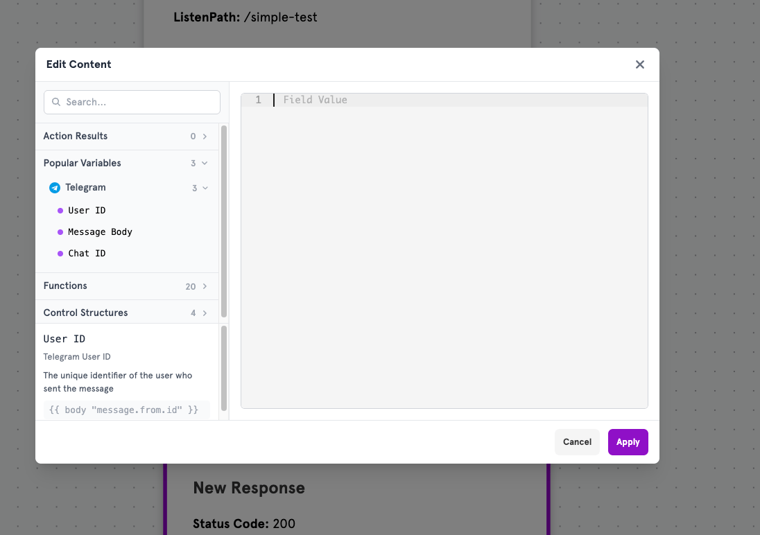 Content editor showing Telegram preset variables including User ID, Message Body, and Chat ID