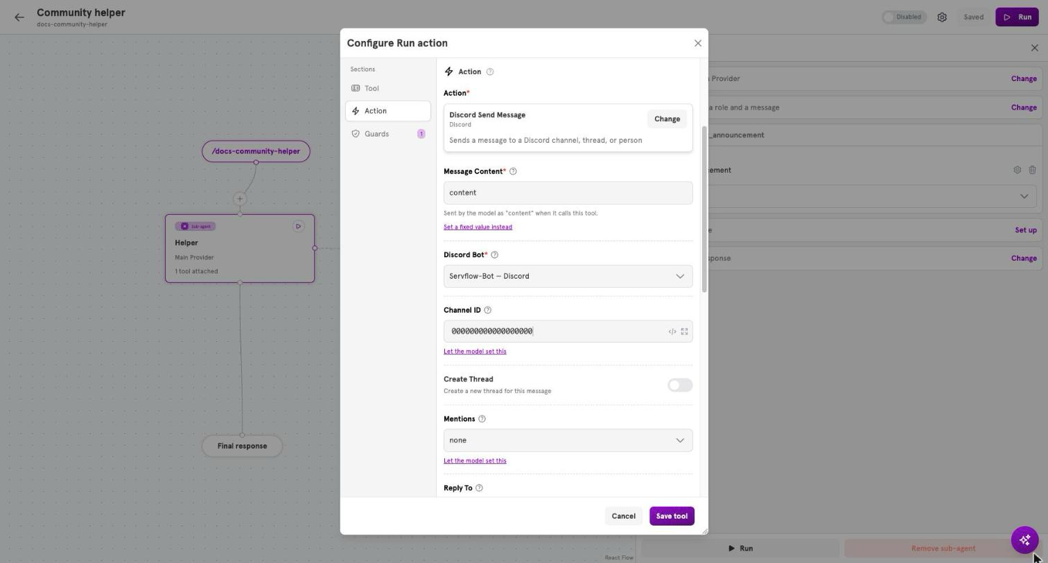 A tool dialog for Discord Send Message with an integration chosen under Discord Bot