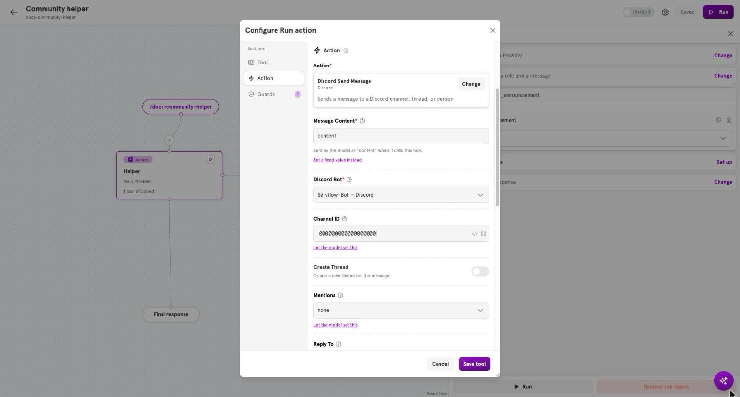 A tool dialog for Discord Send Message with an integration chosen under Discord Bot