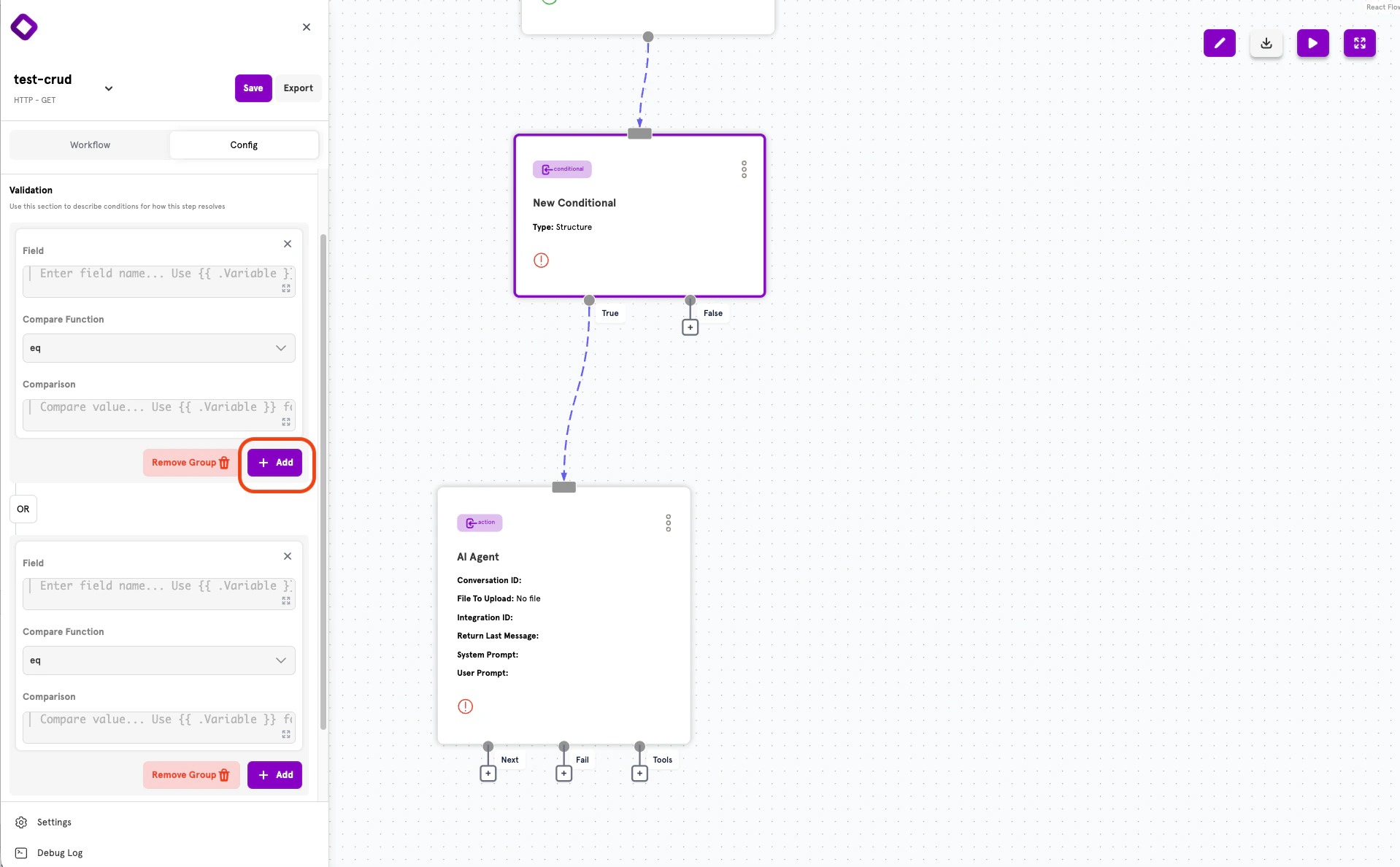 The + Add button to add another condition with AND logic