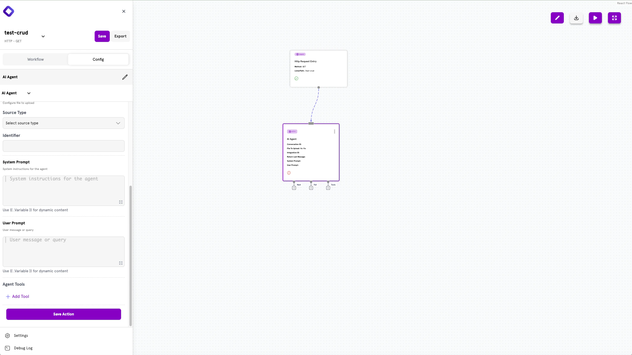 Action configuration panel showing AI Agent settings