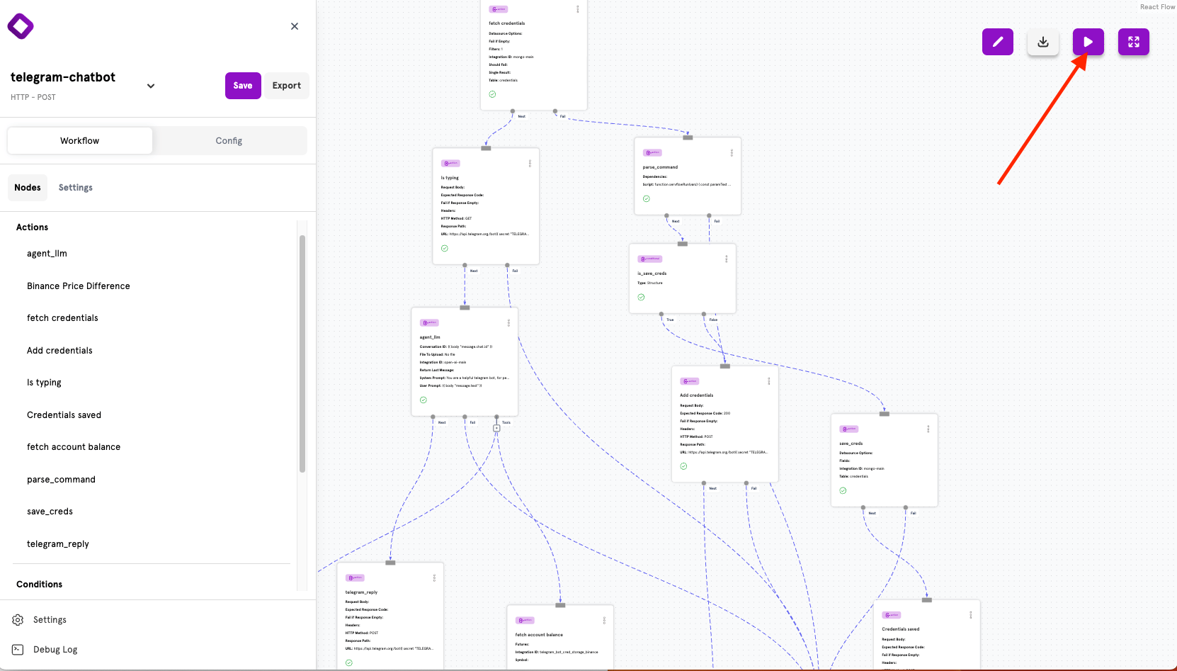 Test run button location in the ServFlow dashboard