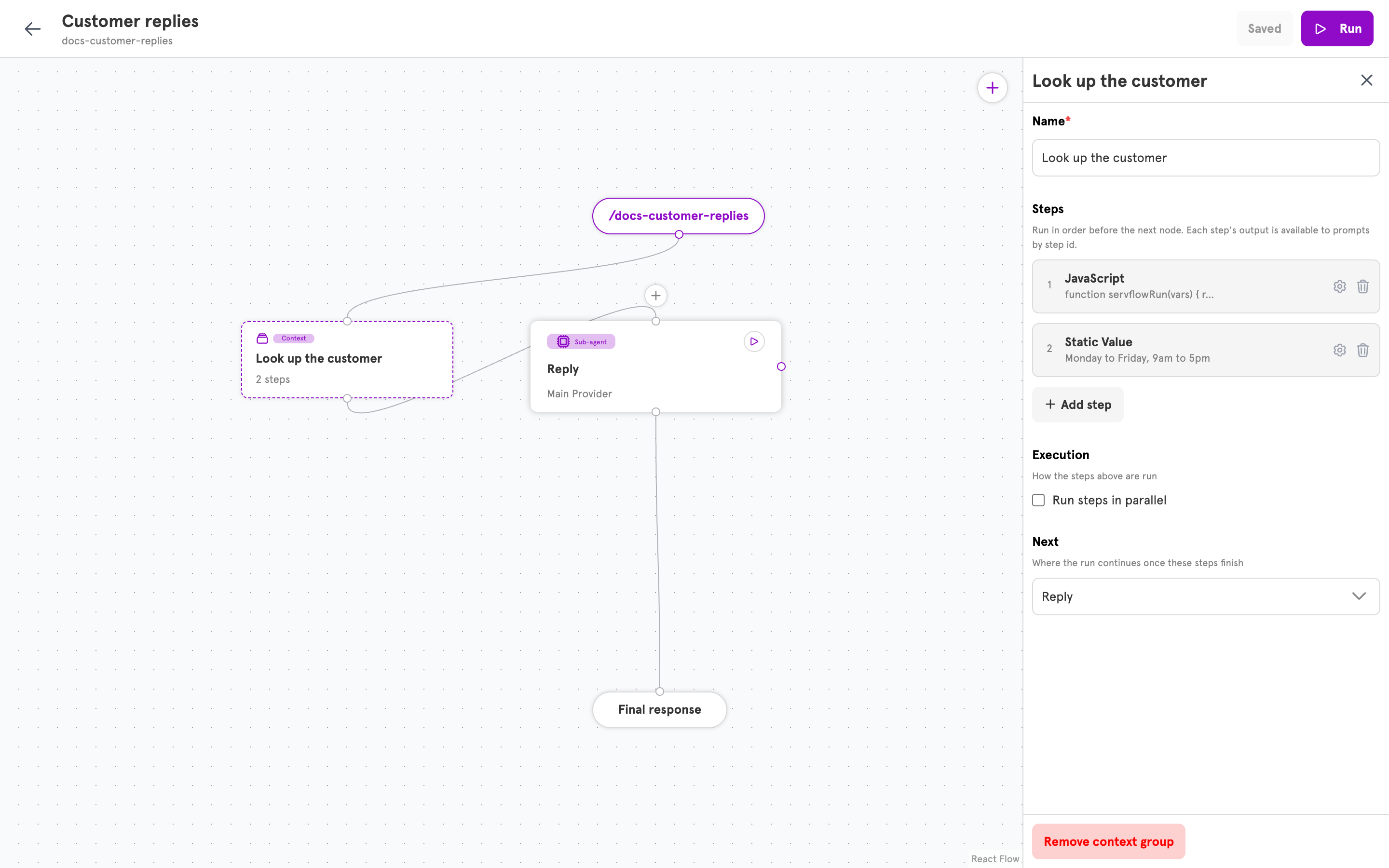 The context panel with two steps, the Run steps in parallel setting, and the Next setting