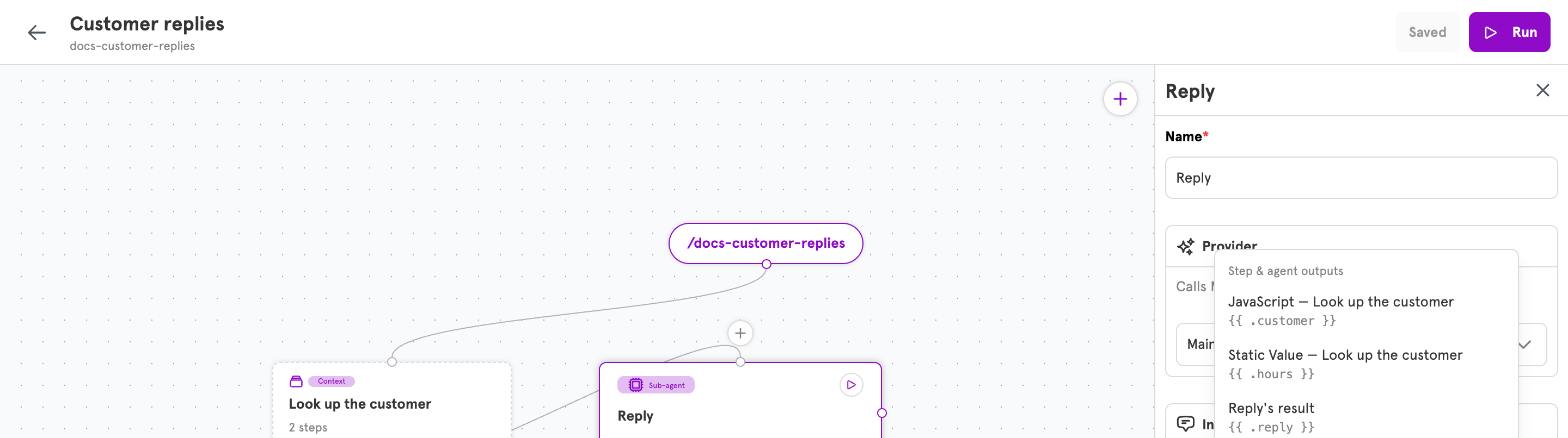 The Insert a variable menu open on a prompt, listing the results of two context steps
