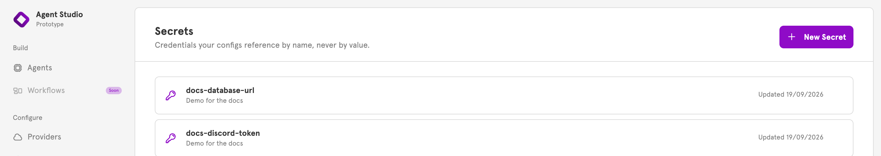 The Secrets page listing secrets by name, with no values shown
