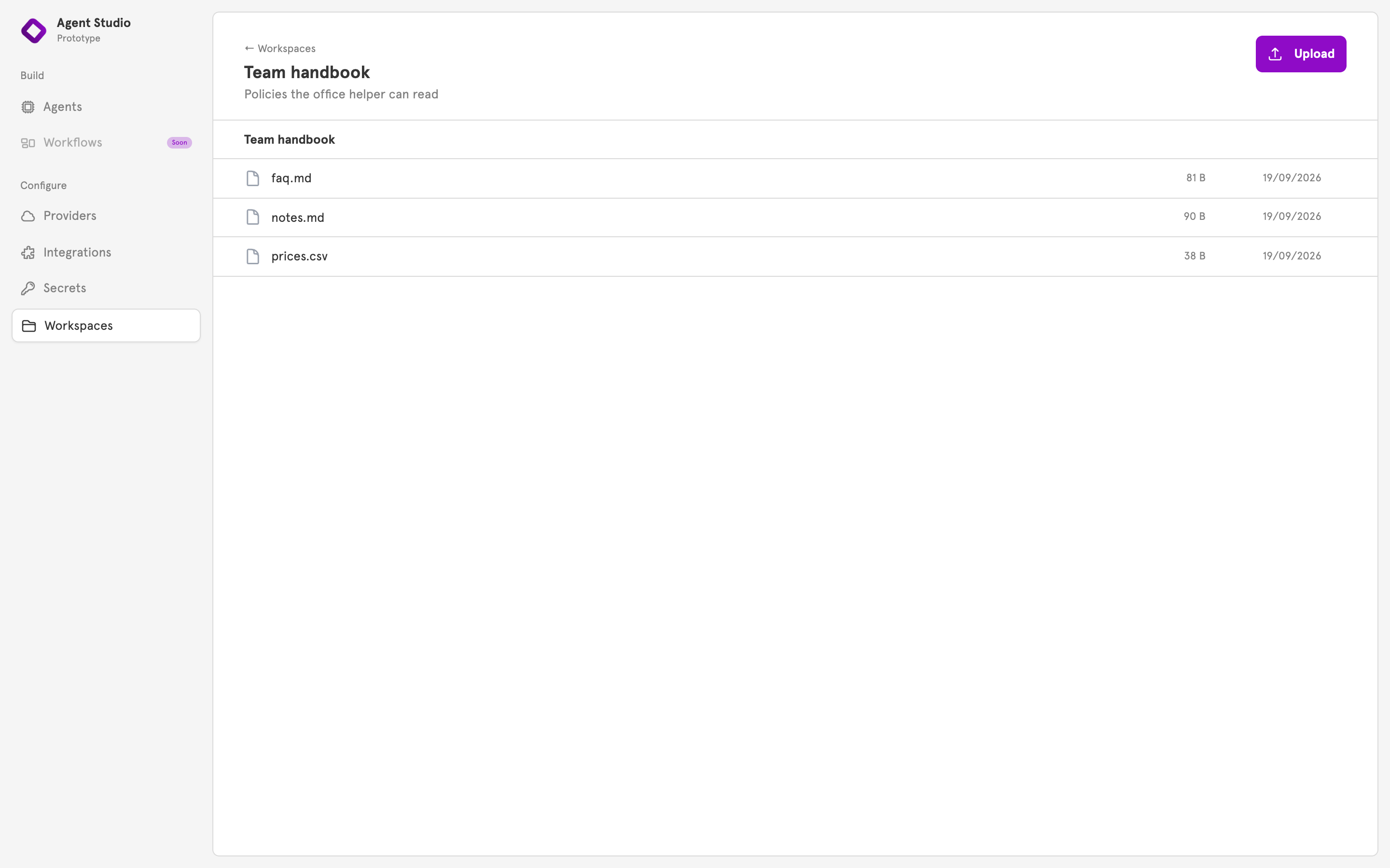 A workspace page listing three files: faq.md, notes.md, and prices.csv