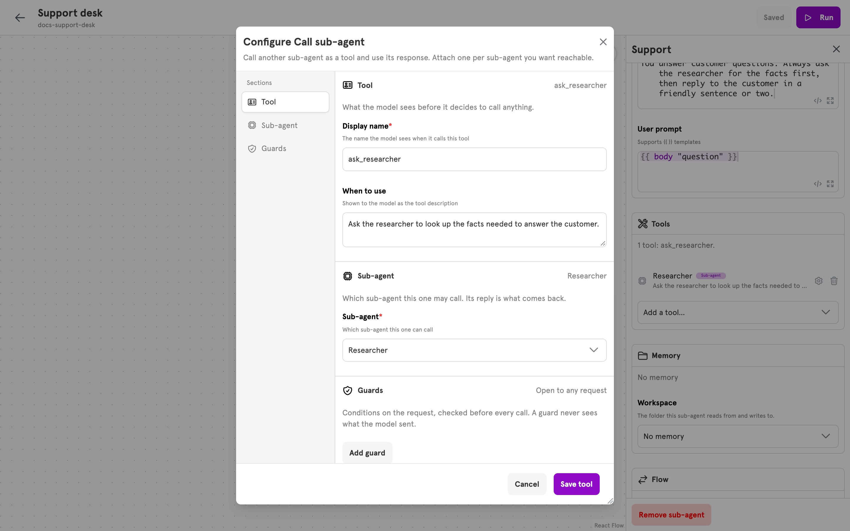 The Configure Call sub-agent dialog with a display name, a description, and Researcher chosen