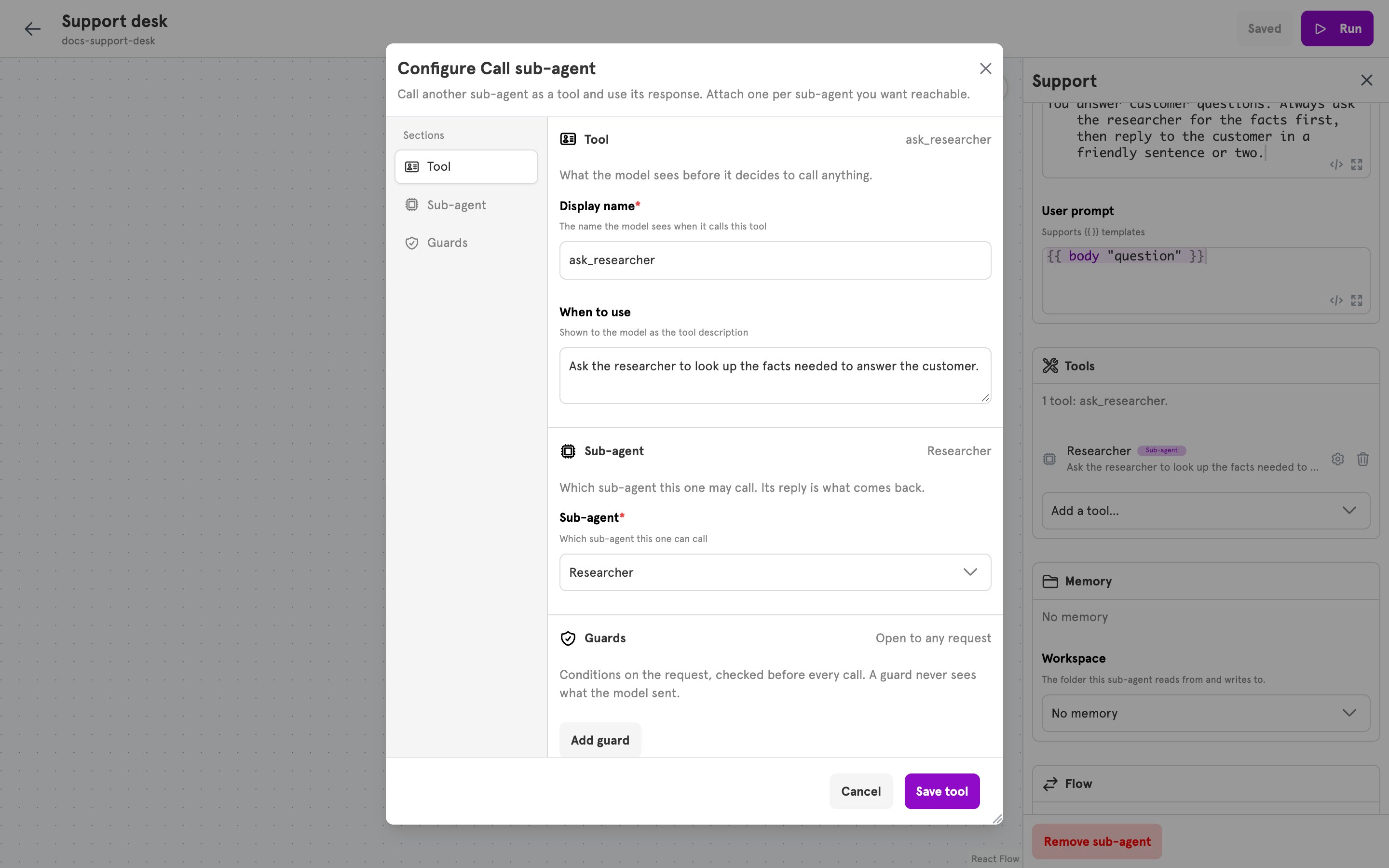 The Configure Call sub-agent dialog with a display name, a description, and Researcher chosen