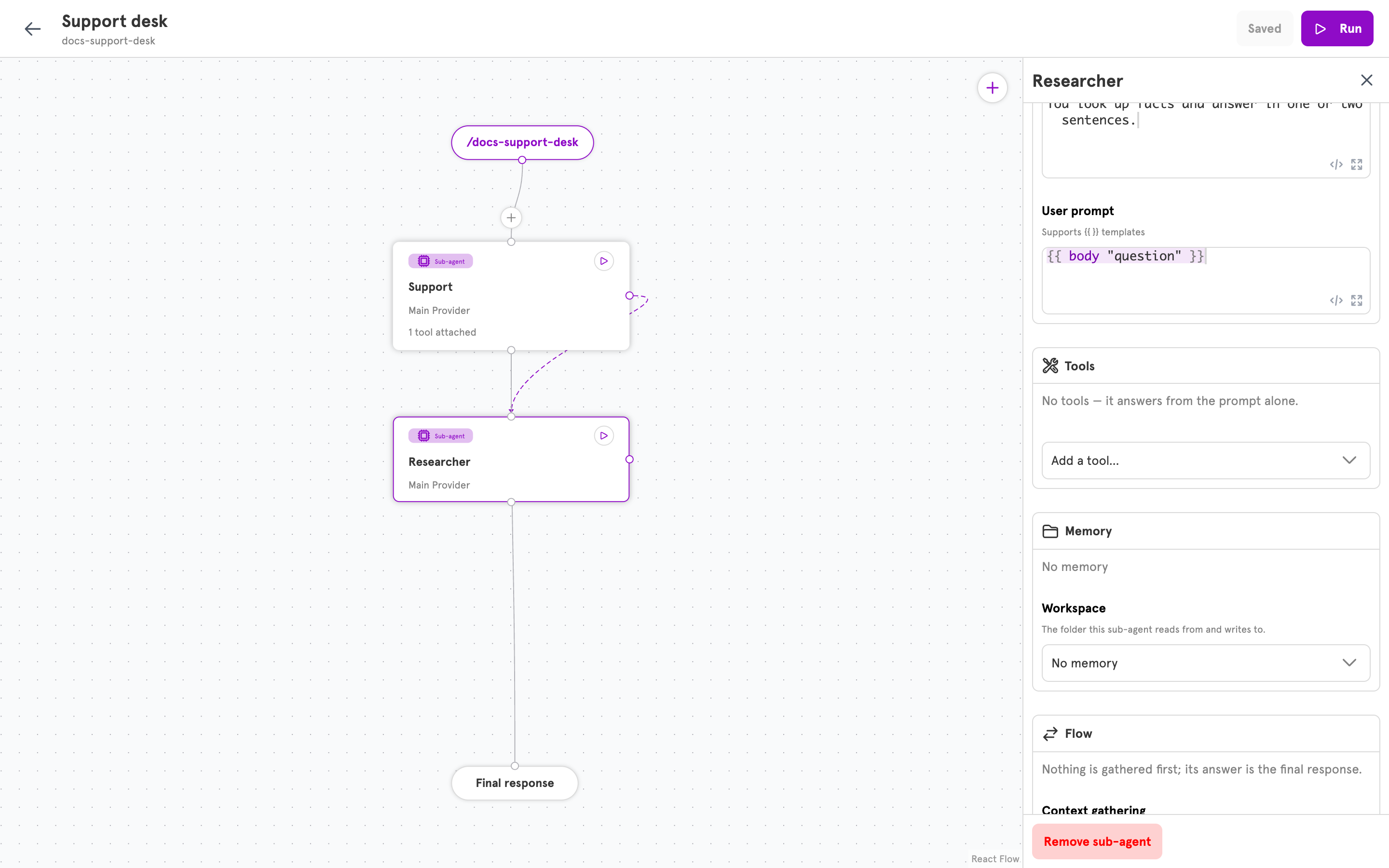The Researcher panel with a User prompt that reads the question from the request