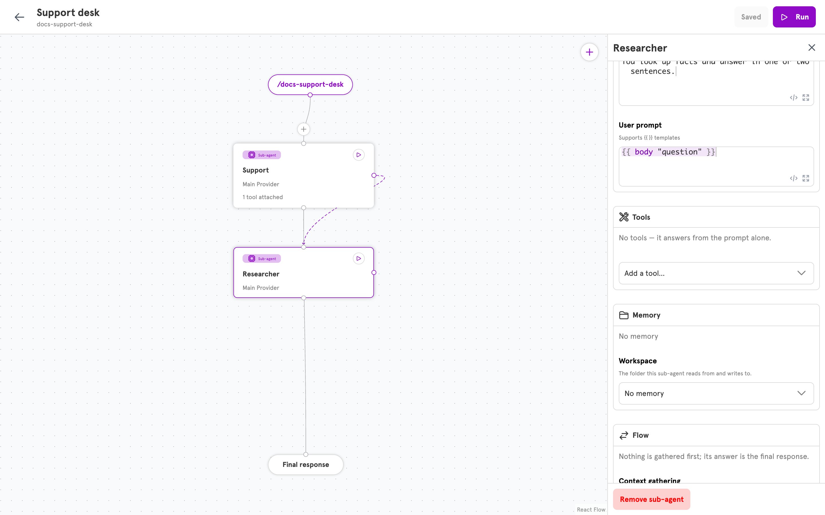 The Researcher panel with a User prompt that reads the question from the request