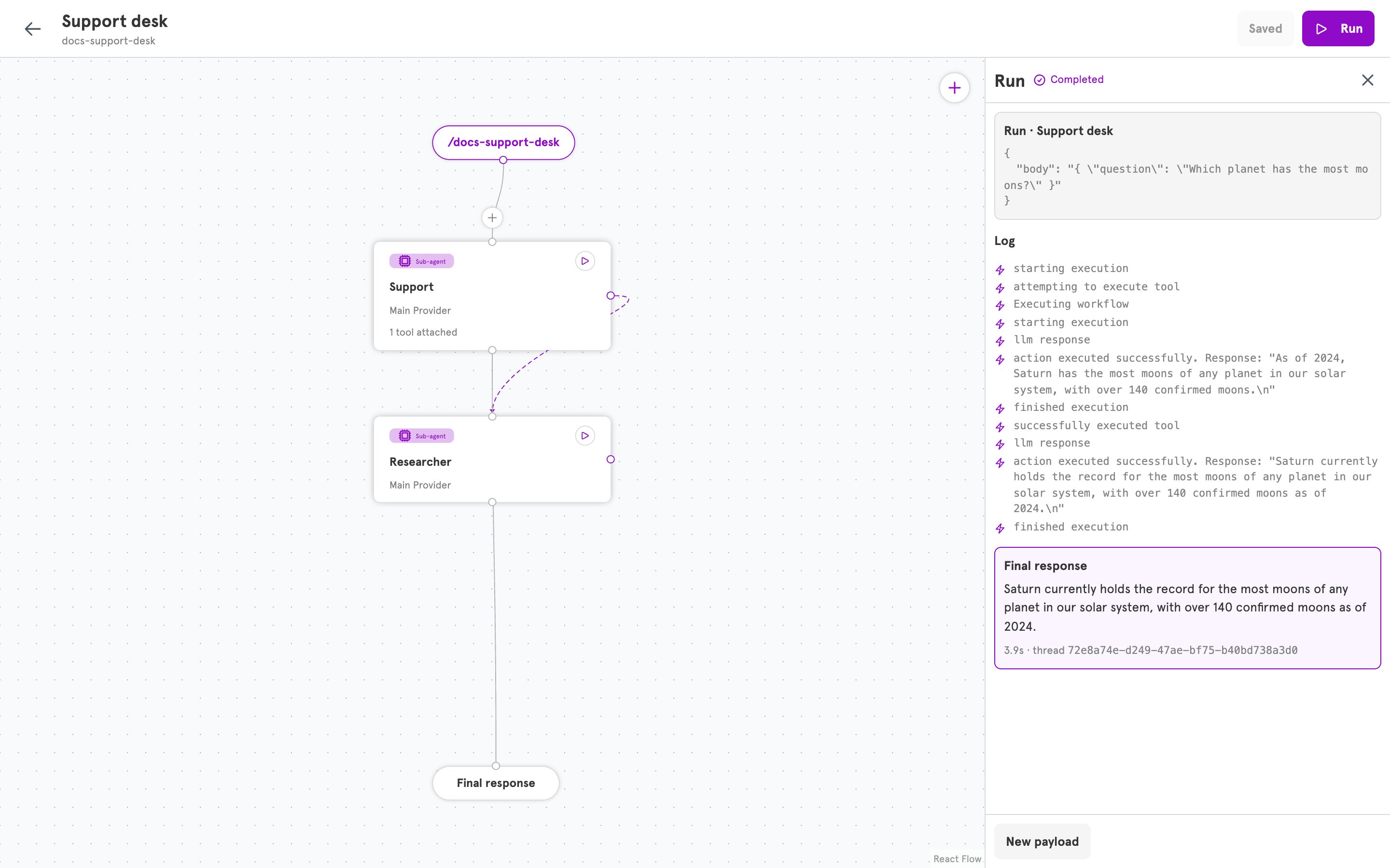The Run panel showing the tool call, the Researcher's answer, and the final response from Support