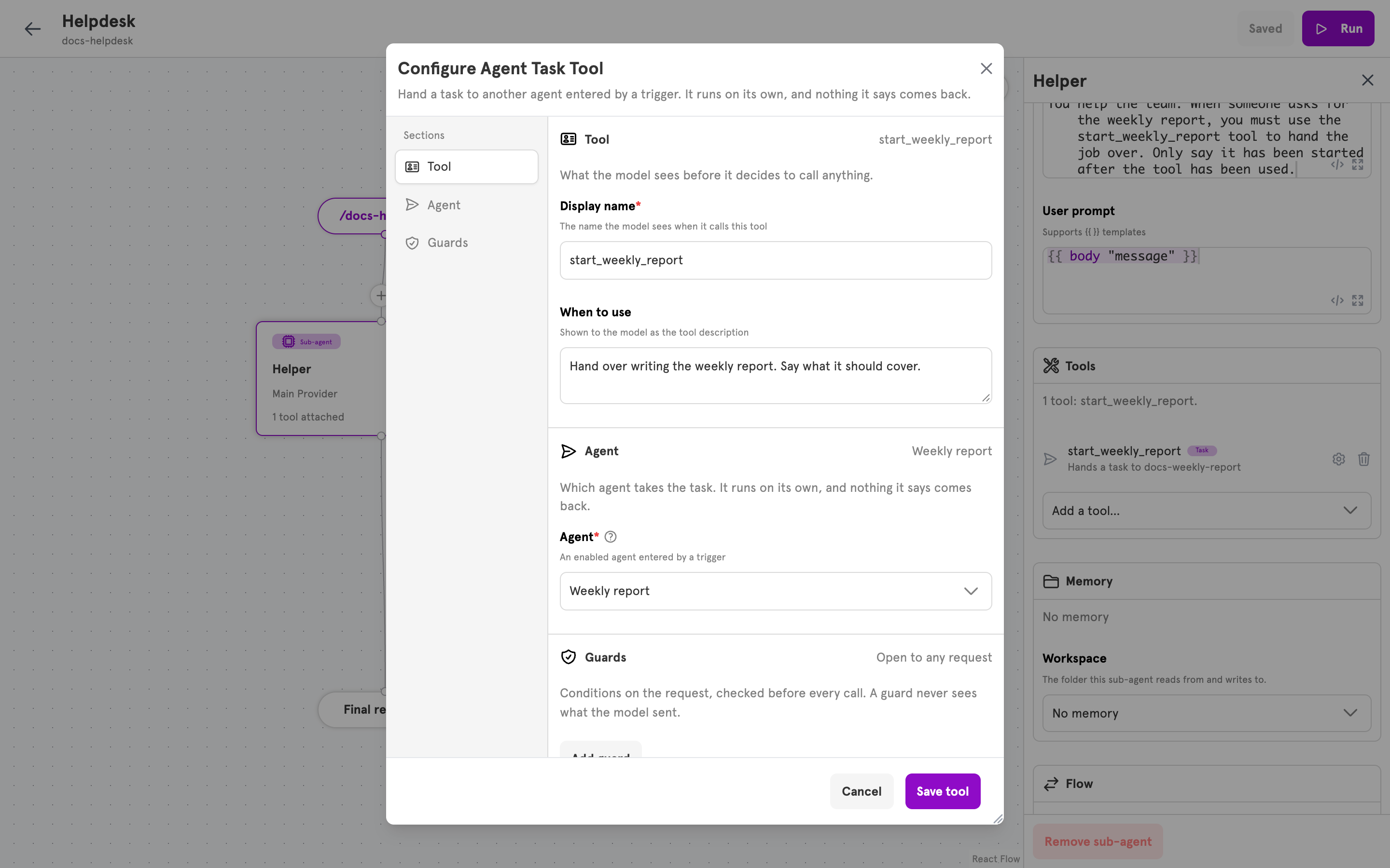 The Configure Agent Task Tool dialog with the Weekly report agent chosen