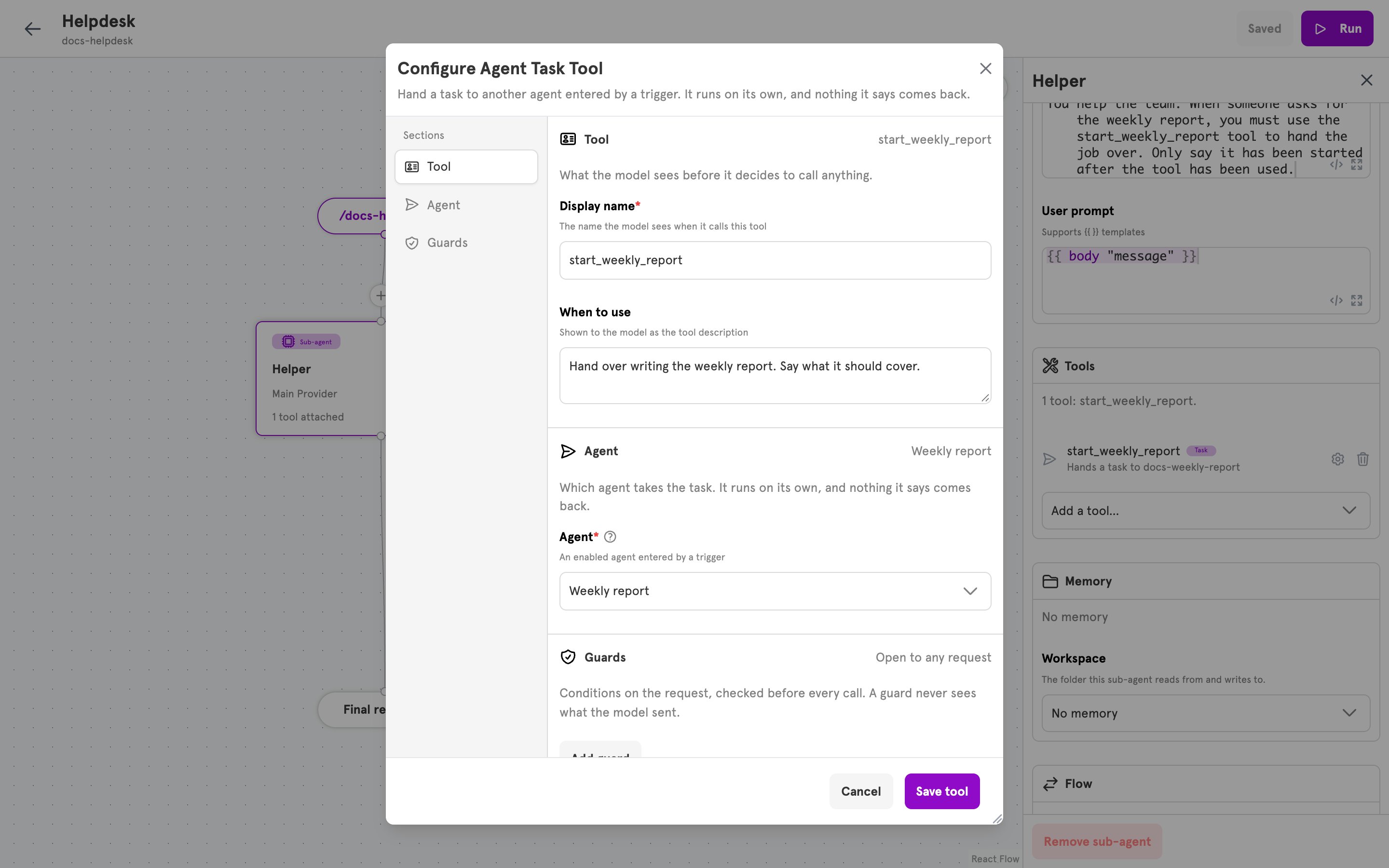 The Configure Agent Task Tool dialog with the Weekly report agent chosen