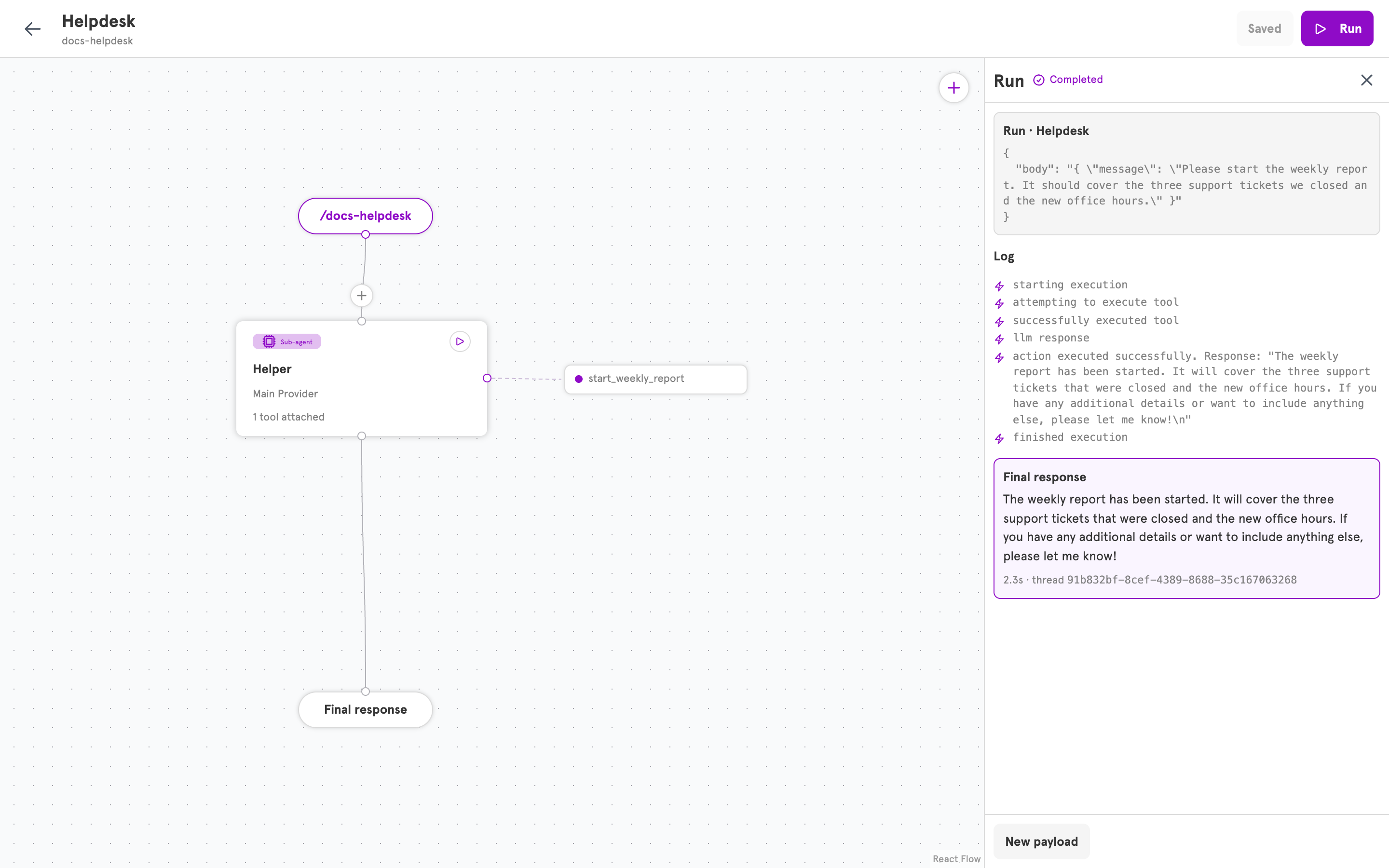 The Run panel showing the tool step and the agent confirming the report was started