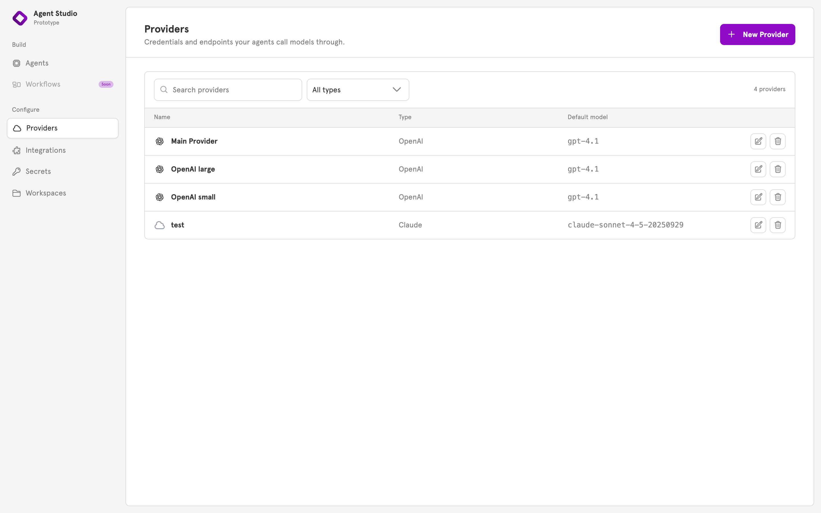 The Providers page listing providers with their type and model