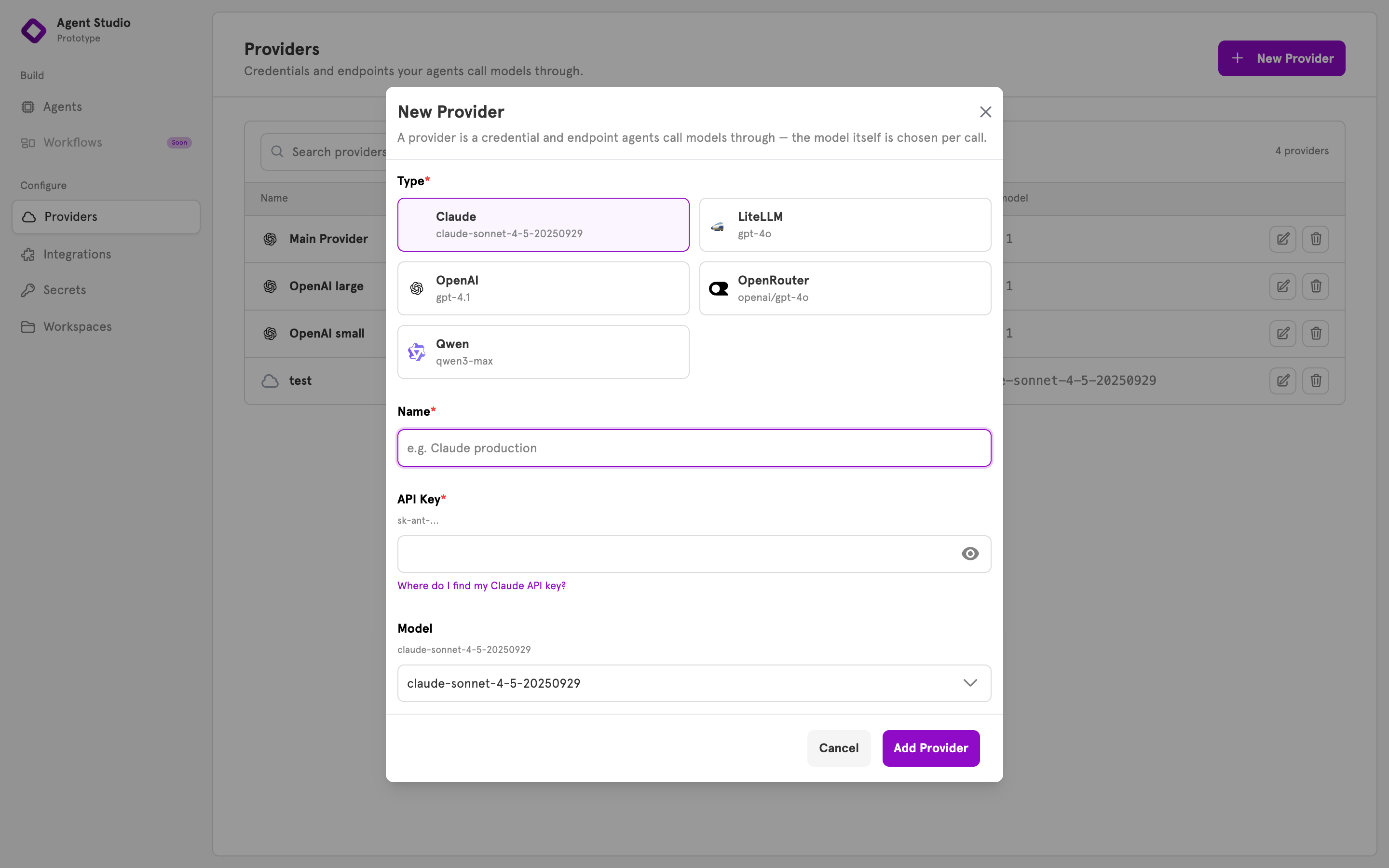 The New Provider dialog with five type cards: Claude, LiteLLM, OpenAI, OpenRouter, and Qwen