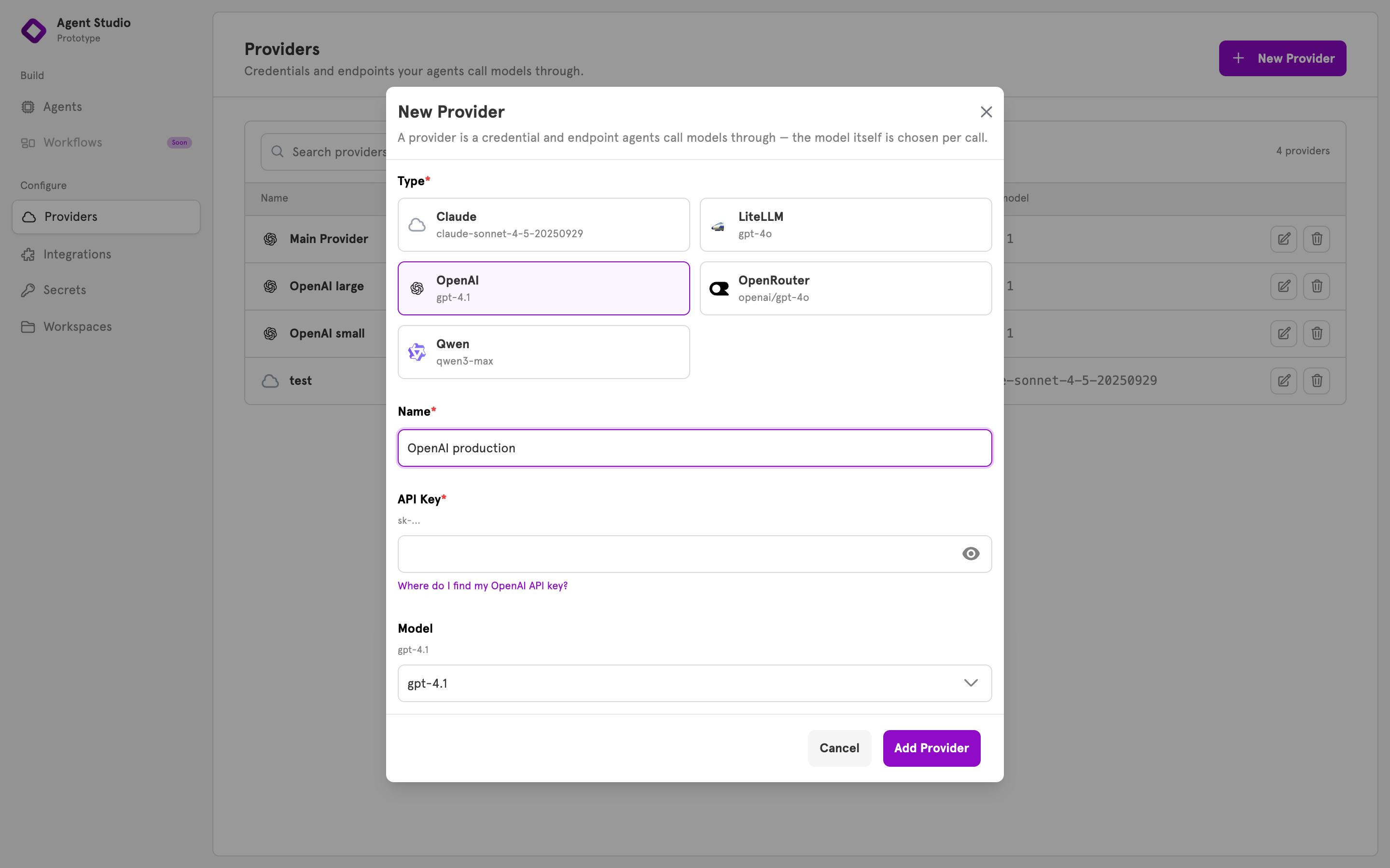 The New Provider dialog with OpenAI selected and a name entered