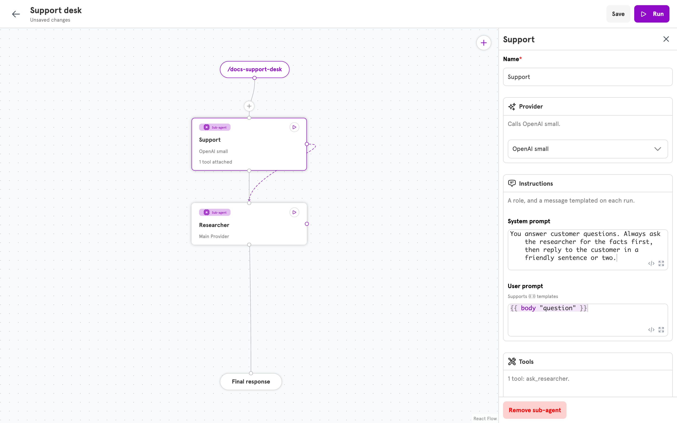 A sub-agent panel with a provider chosen under Provider