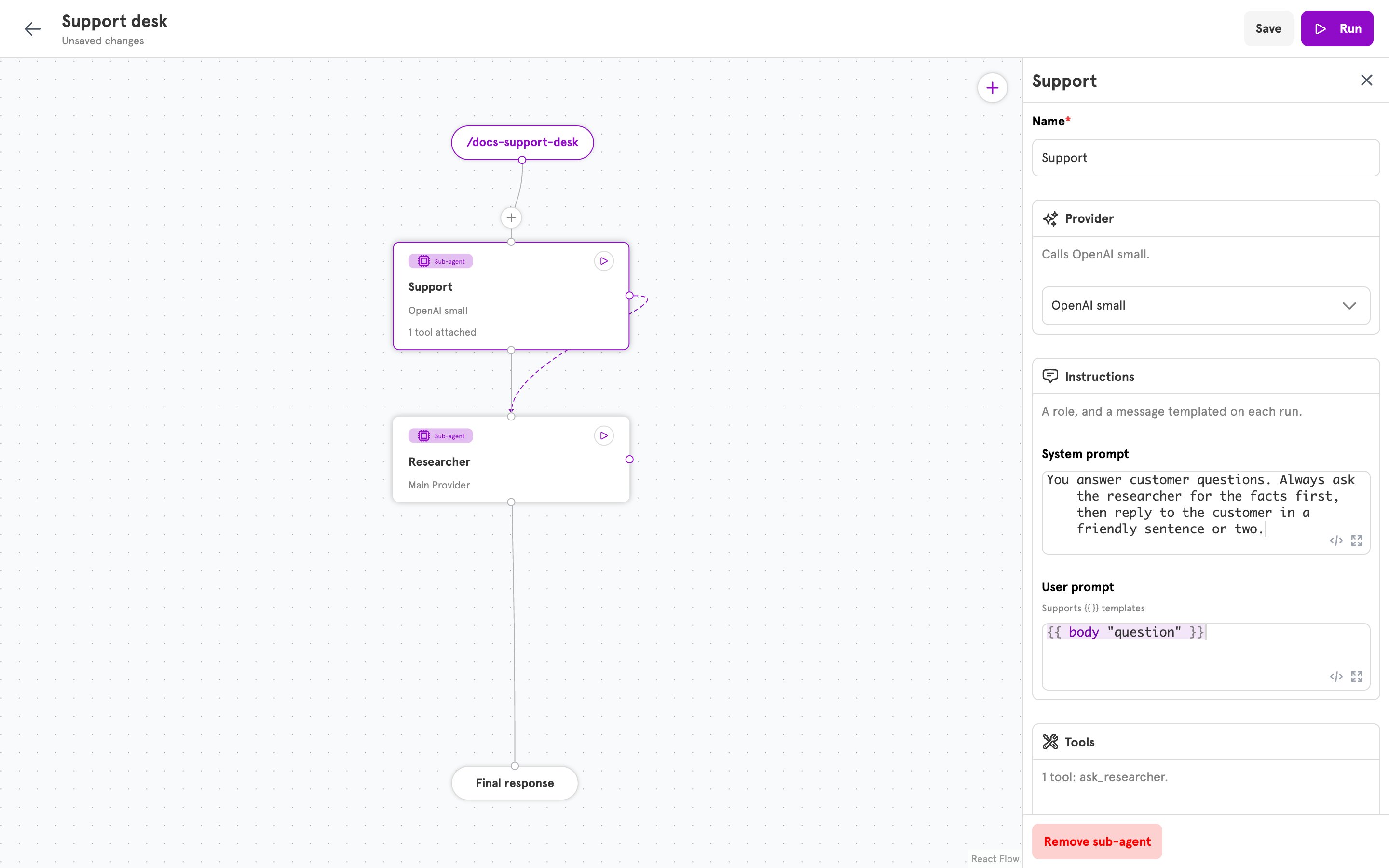 A sub-agent panel with a provider chosen under Provider