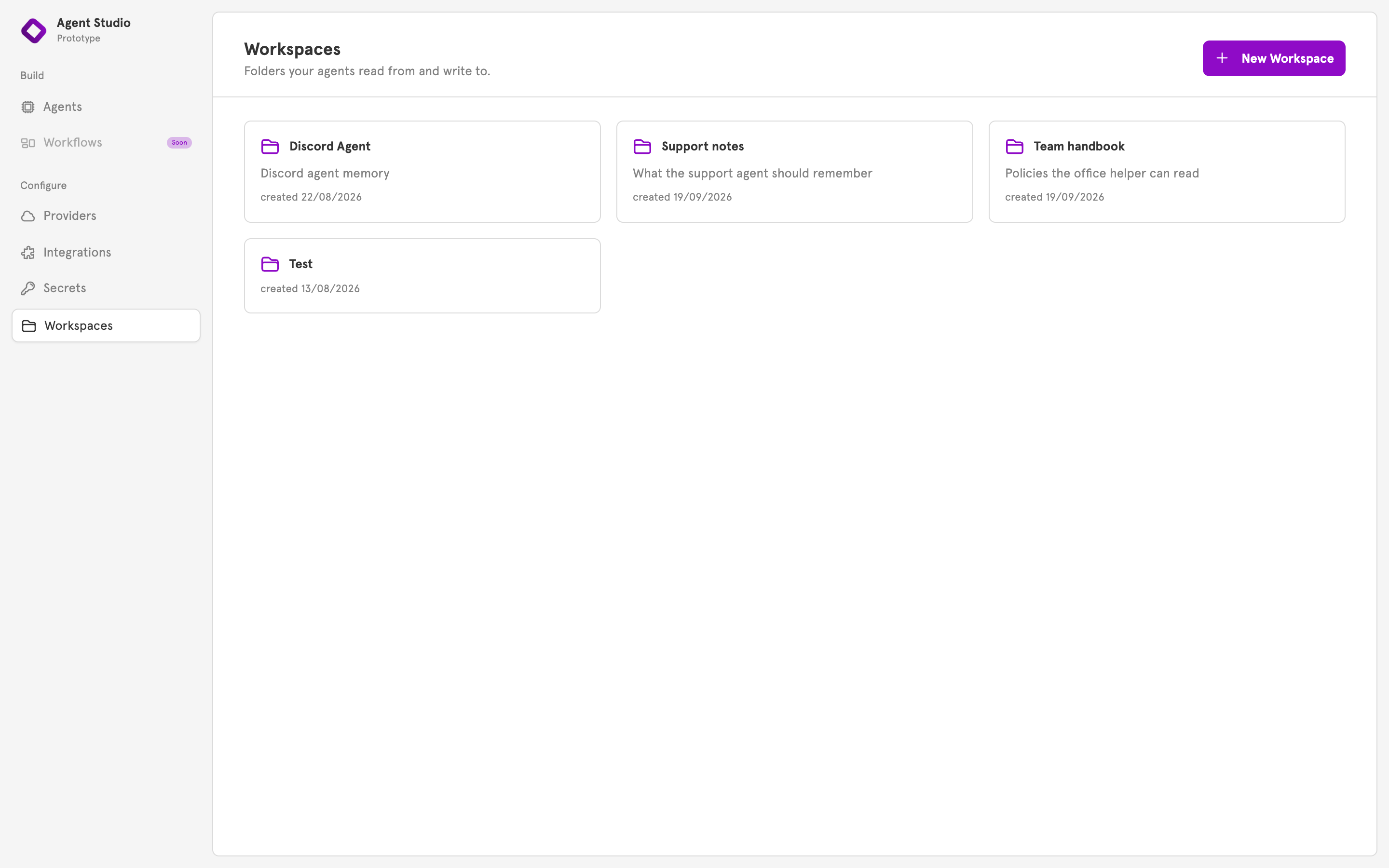The Workspaces page with the New Workspace button