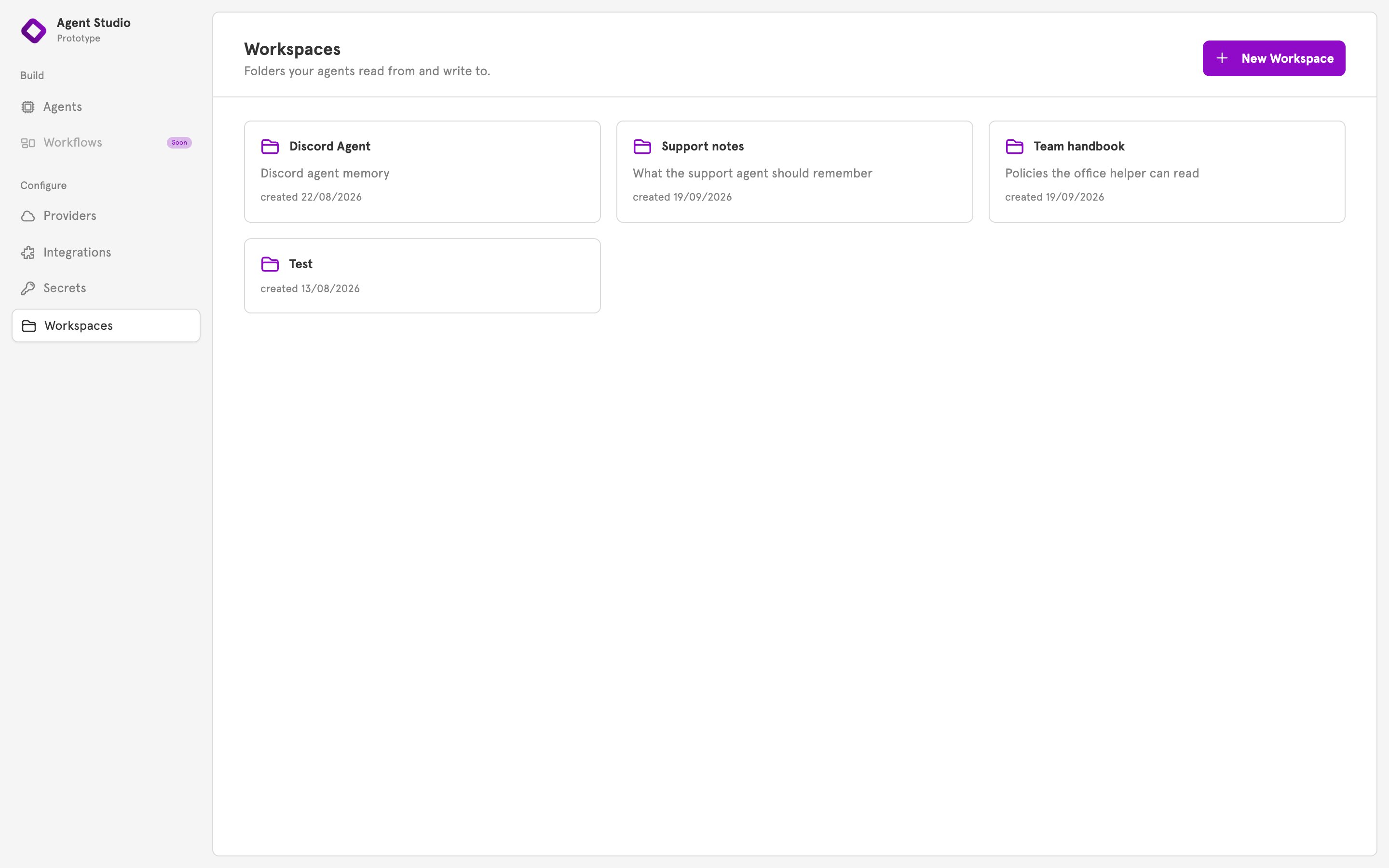 The Workspaces page with the New Workspace button