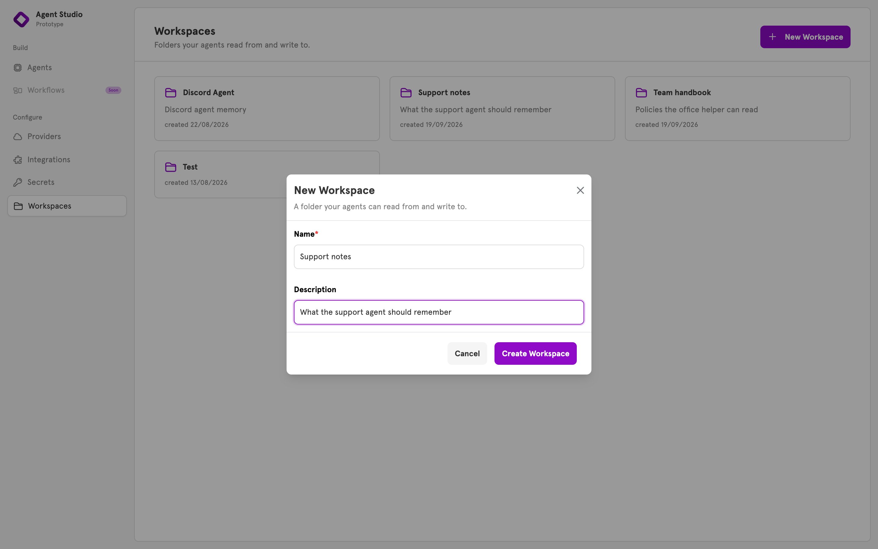The New Workspace dialog with a name and description entered