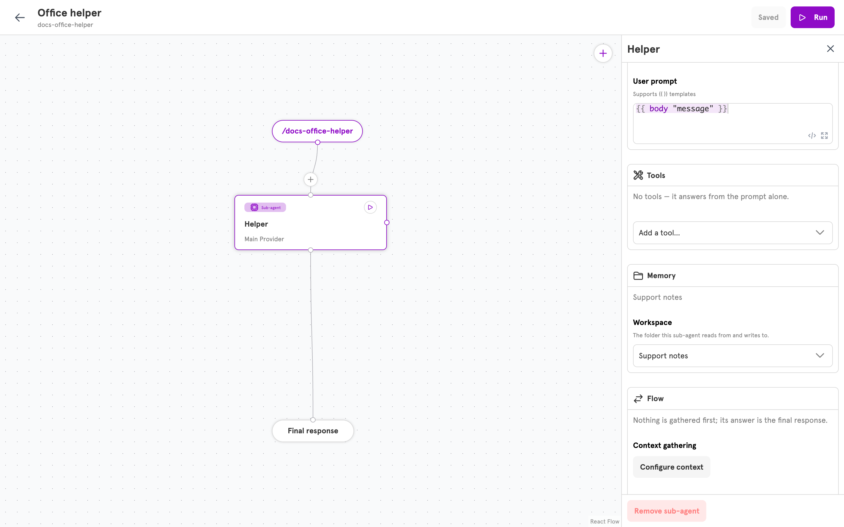 A sub-agent panel with a workspace chosen under Memory
