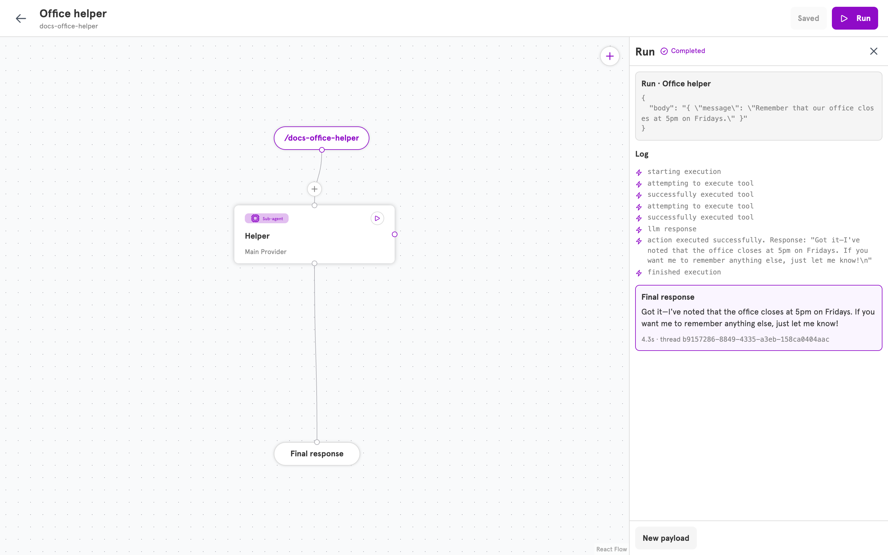 The Run panel showing two tool steps and the agent confirming the note